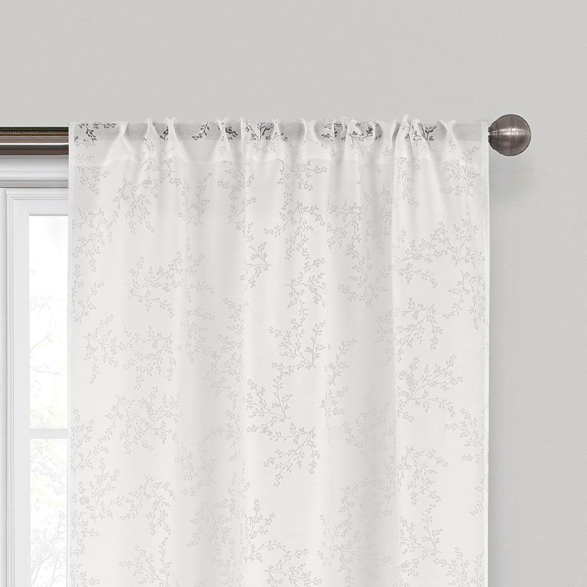 White Botanical Leaf Burnout Sheer Curtain Panel, 84"