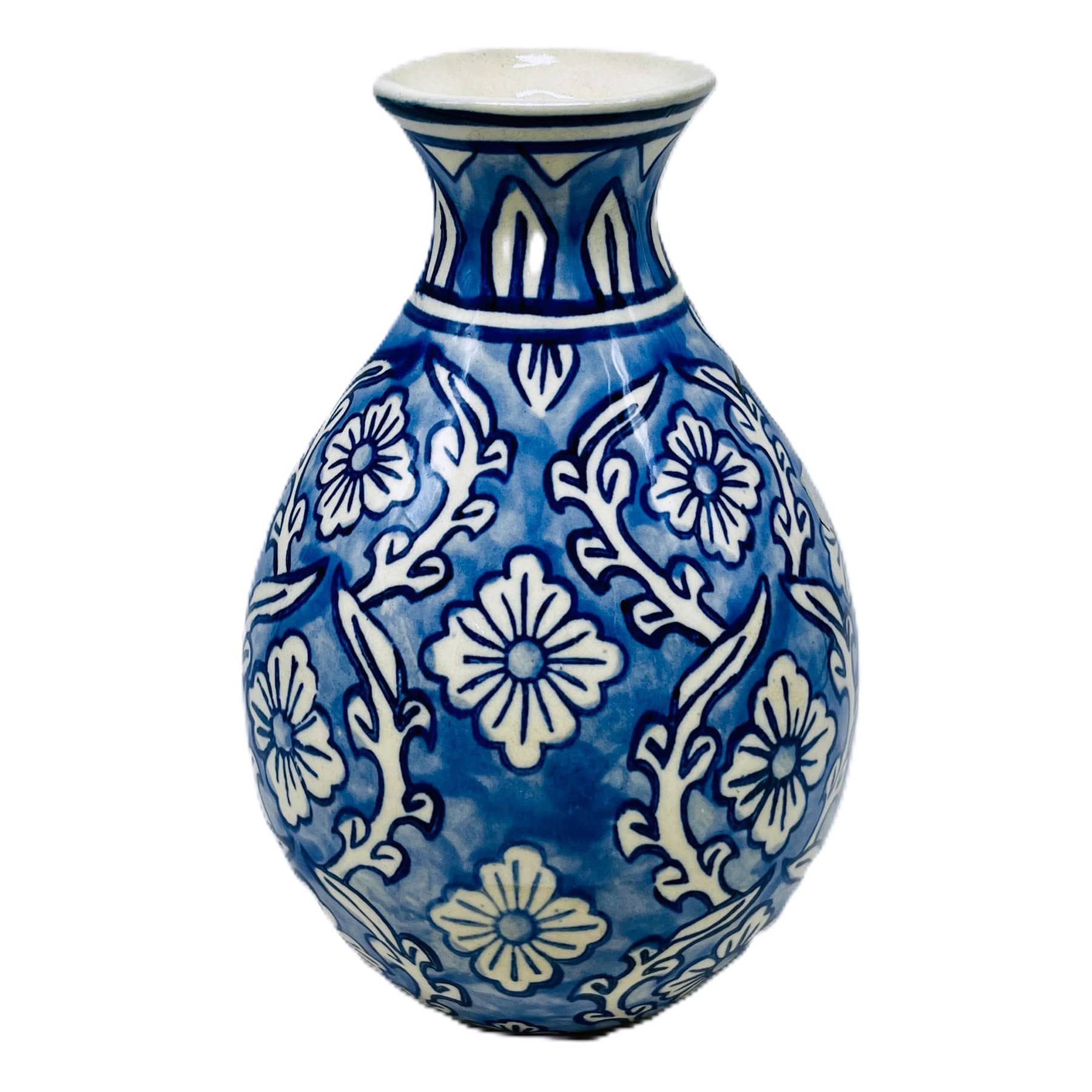 Light Blue Handpainted Floral Ceramic Vase, 8.7"