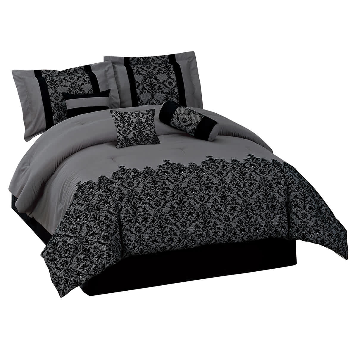 7-Piece Grey Deluxe Flocked Lace Premium Comforter Set, King