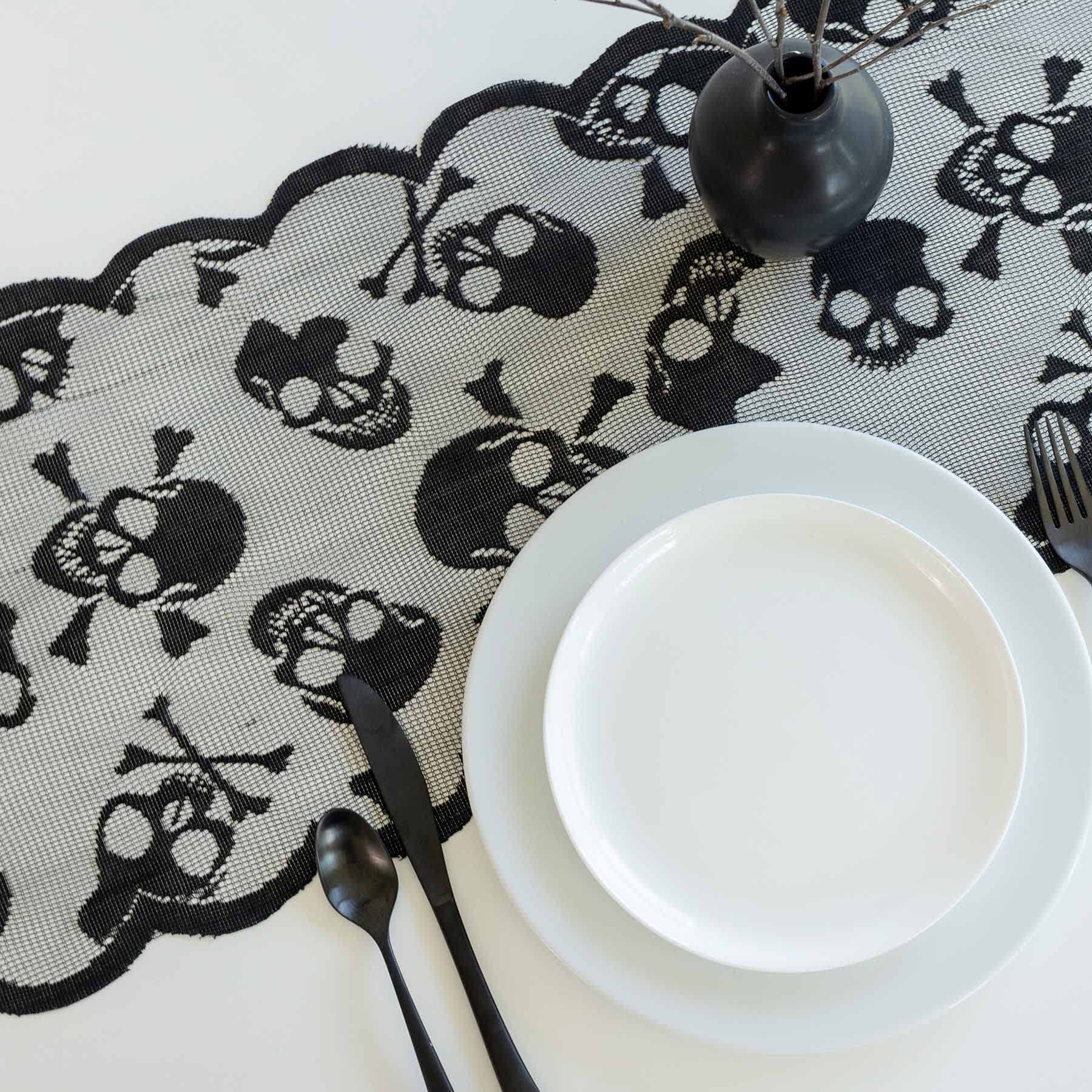 Midnight Shadows Skull Lace Table Runner, 72x13