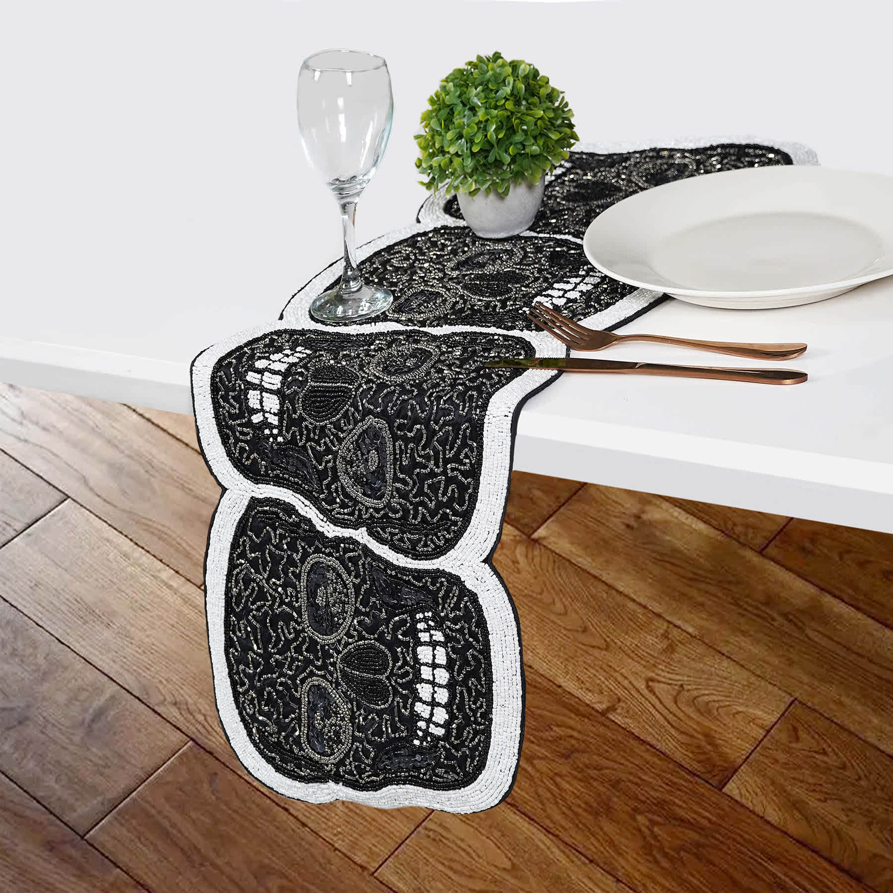 Midnight Shadows Semi Beaded Skull Table Runner