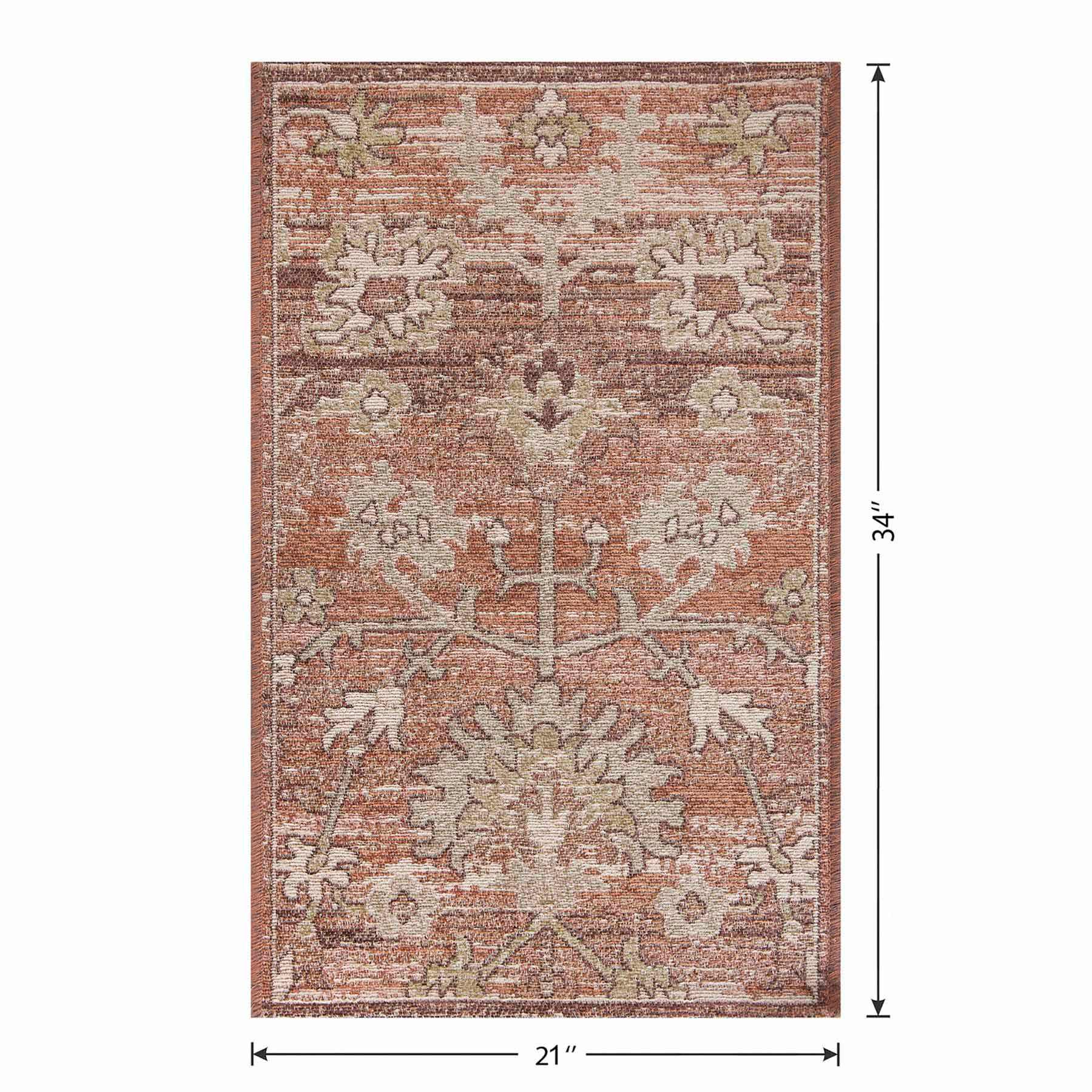 Terracotta Floral Tapestry Accent Rug with Gel Latex Back, 21x34