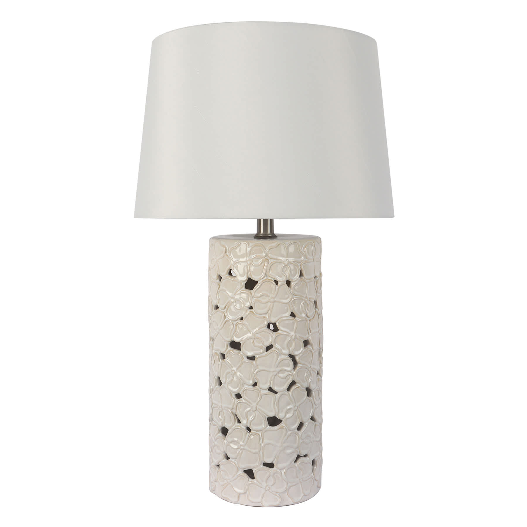 White Ceramic Floral Cutout Medium Table Lamp with Shade, 25"