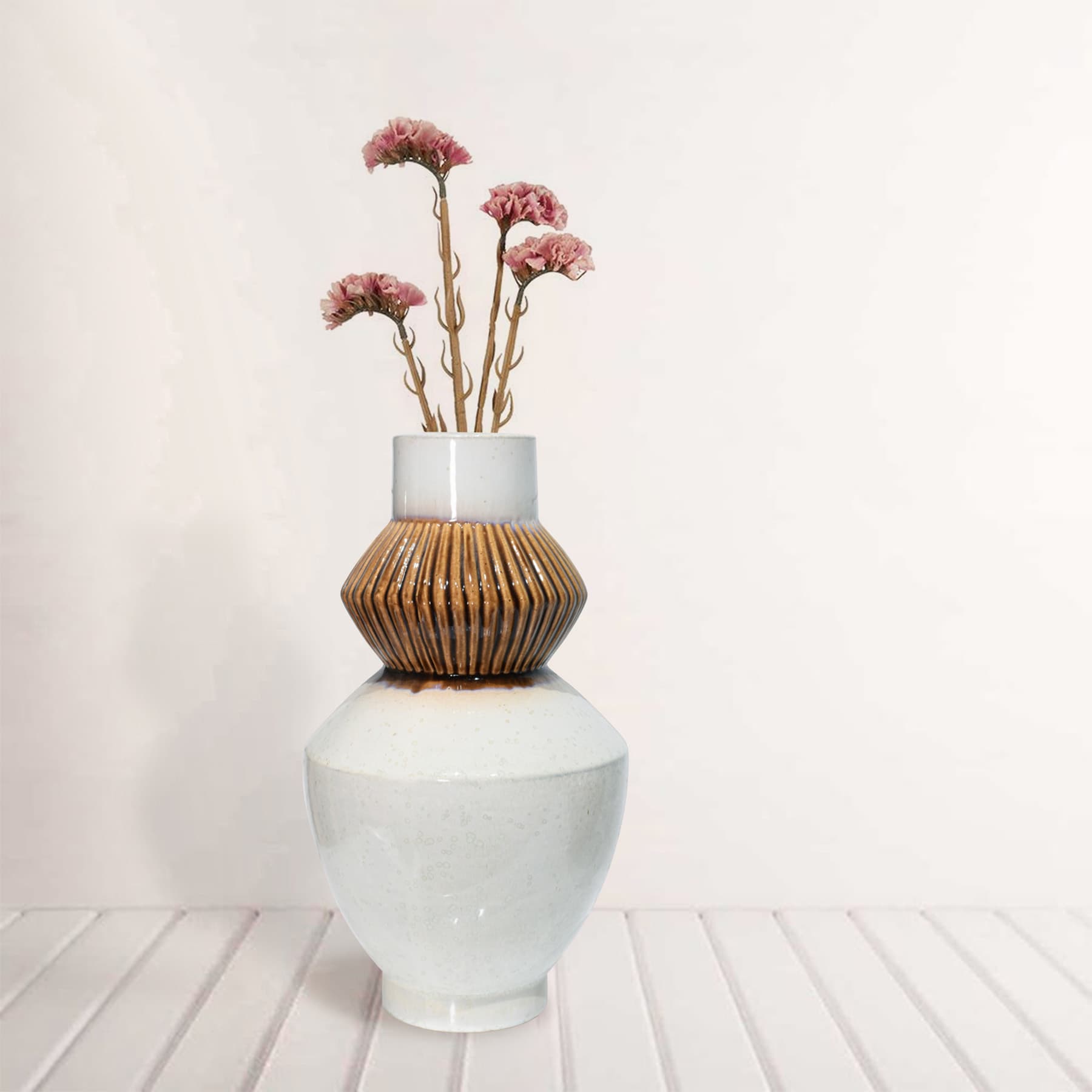 Cream & Brown Ceramic Decorative Vase, 15.4"