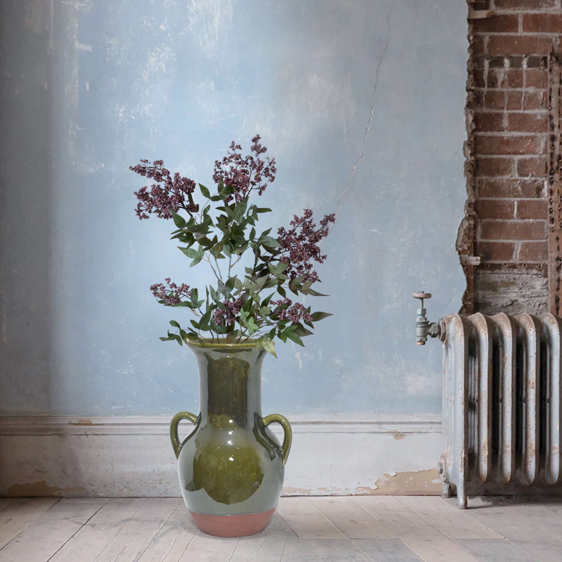 Olive Brown Ceramic Vase with Handles, 13.8"