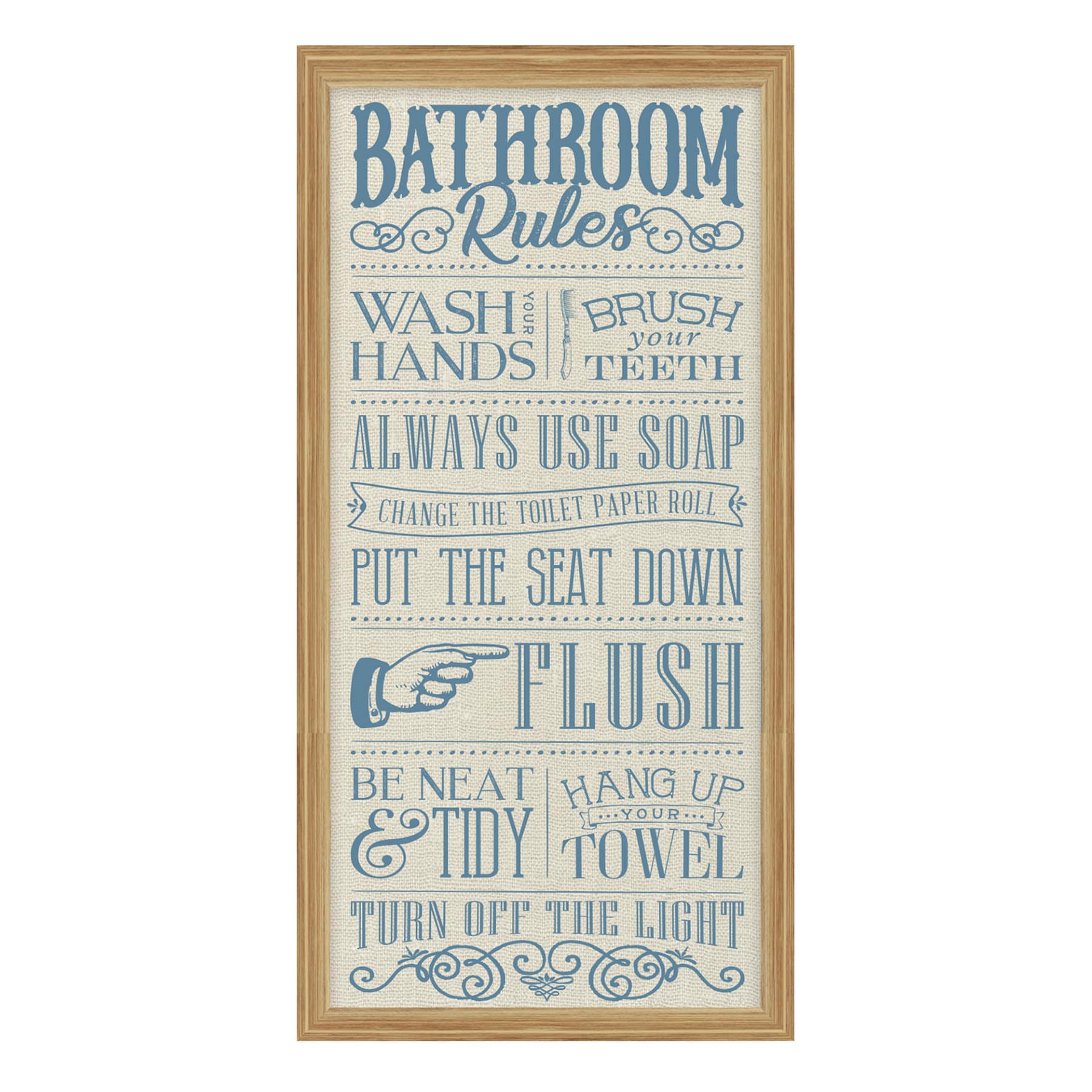 Bathroom Rules Framed Linen Wall Sign, 10x20