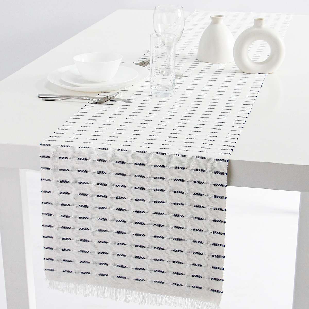 Ivory Reversible Ribbed Table Runner with Navy Blue Stripe Design, 14x72