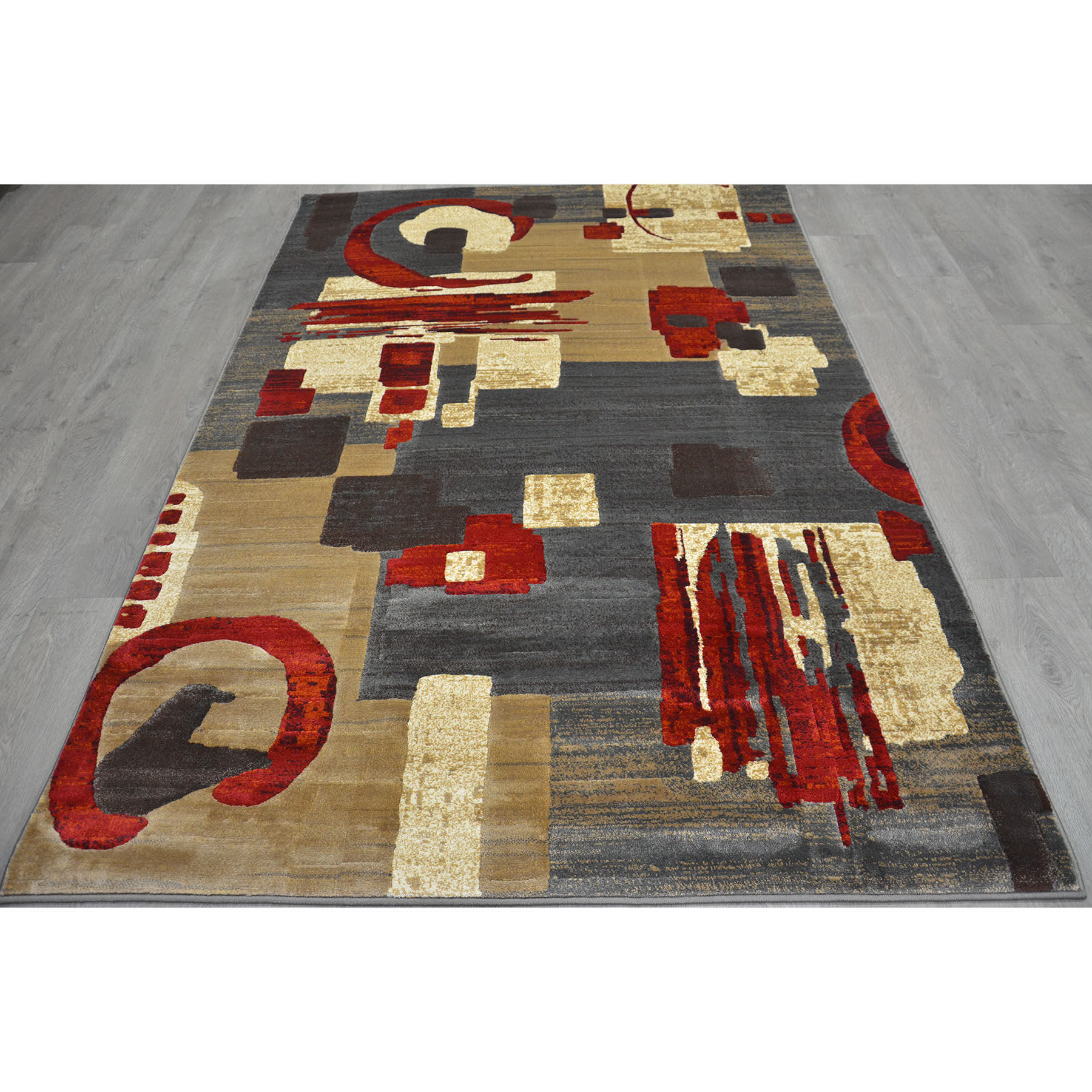 (B142) Beige & Red Modern Abstract Design, 7x10