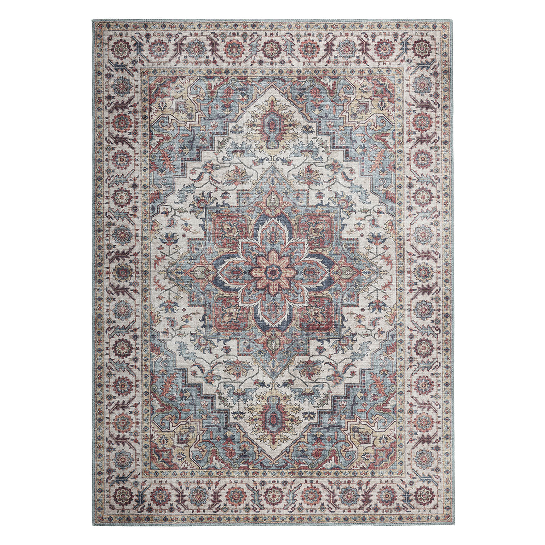 (D448) Found & Fable Chenille Printed Vintage Look Blue Medallion Area Rug, 8x10