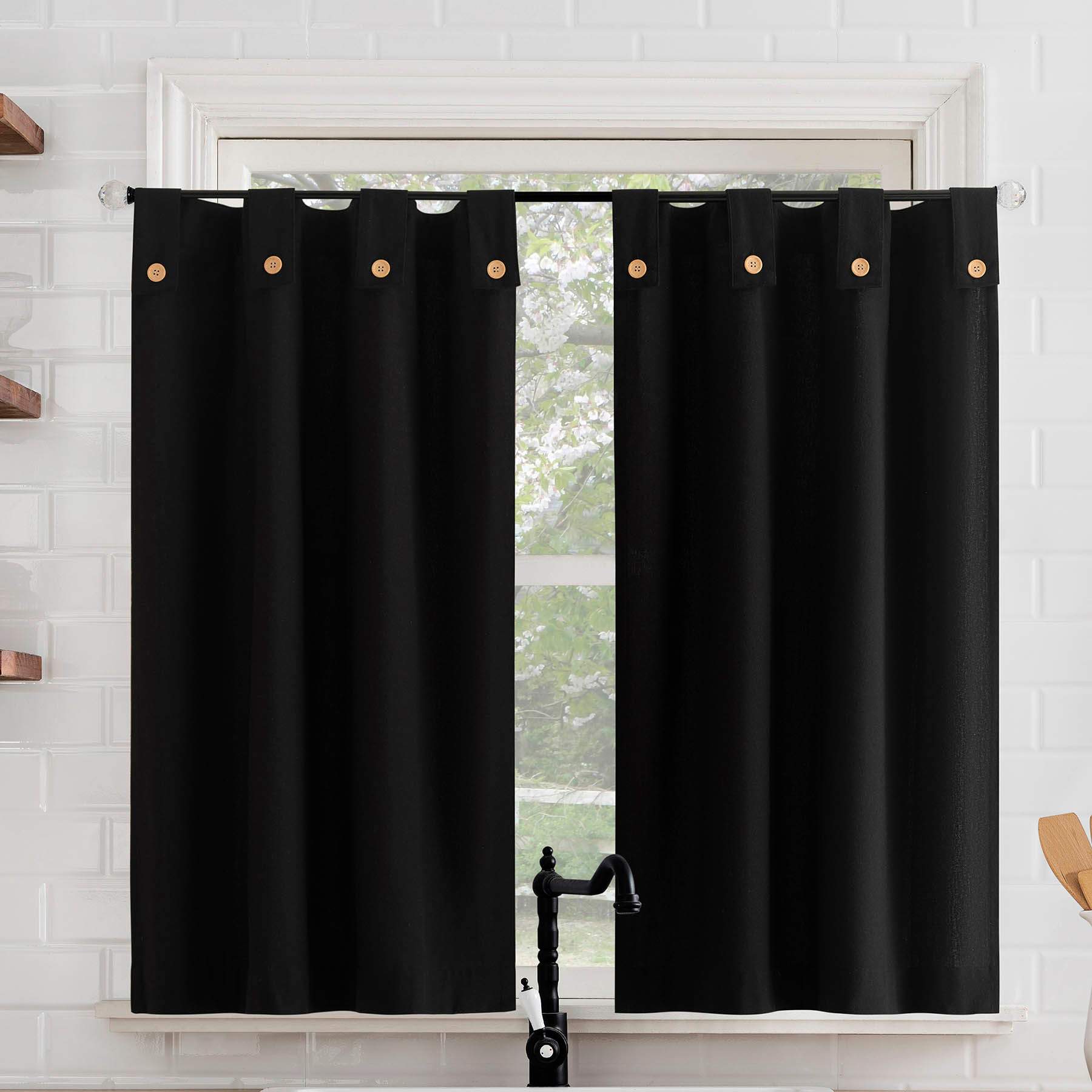 Black Small Tiered Window Curtain Panel Set with Buttons, 54x36