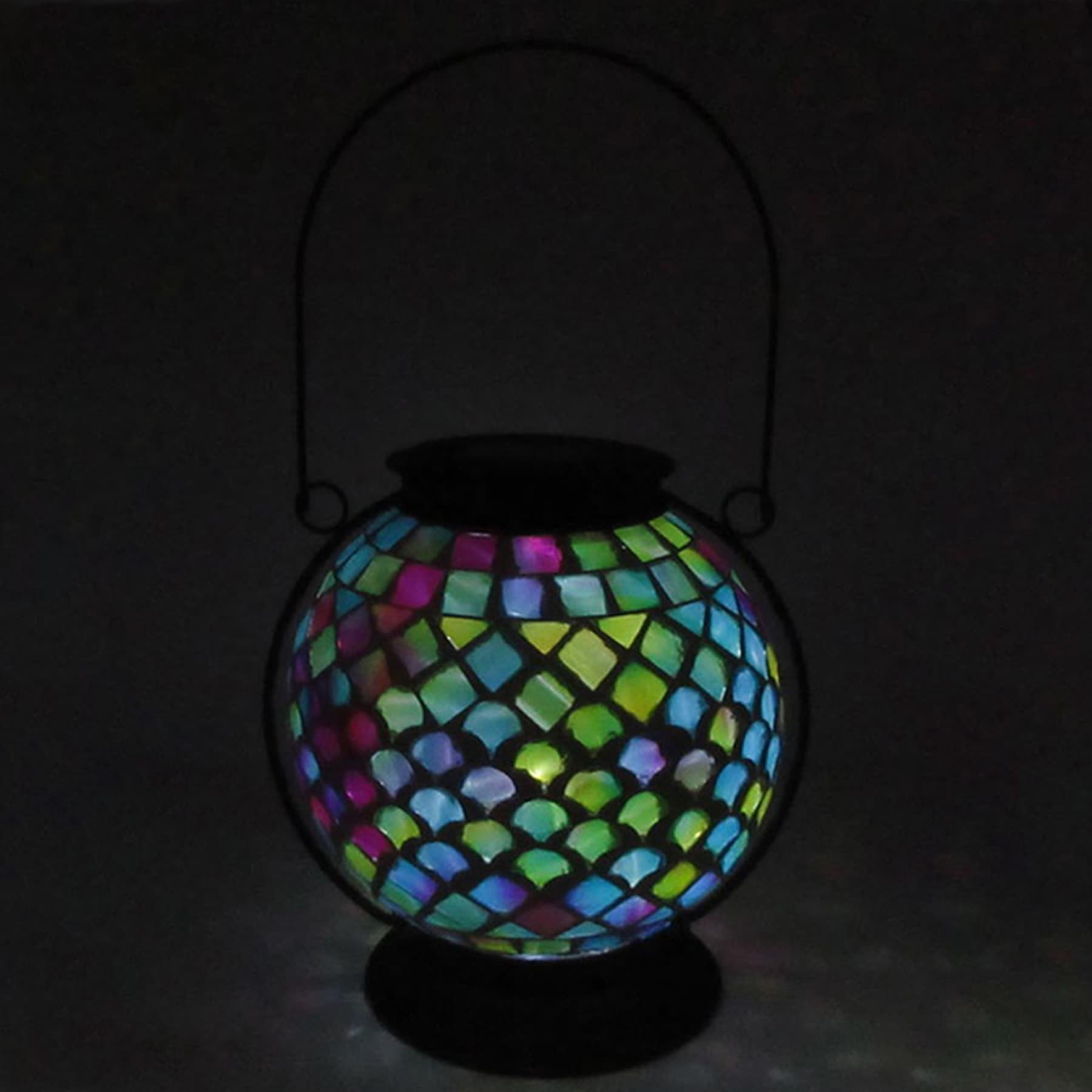 Iridescent Mosaic Glass Ball Solar Outdoor Lantern, 8"