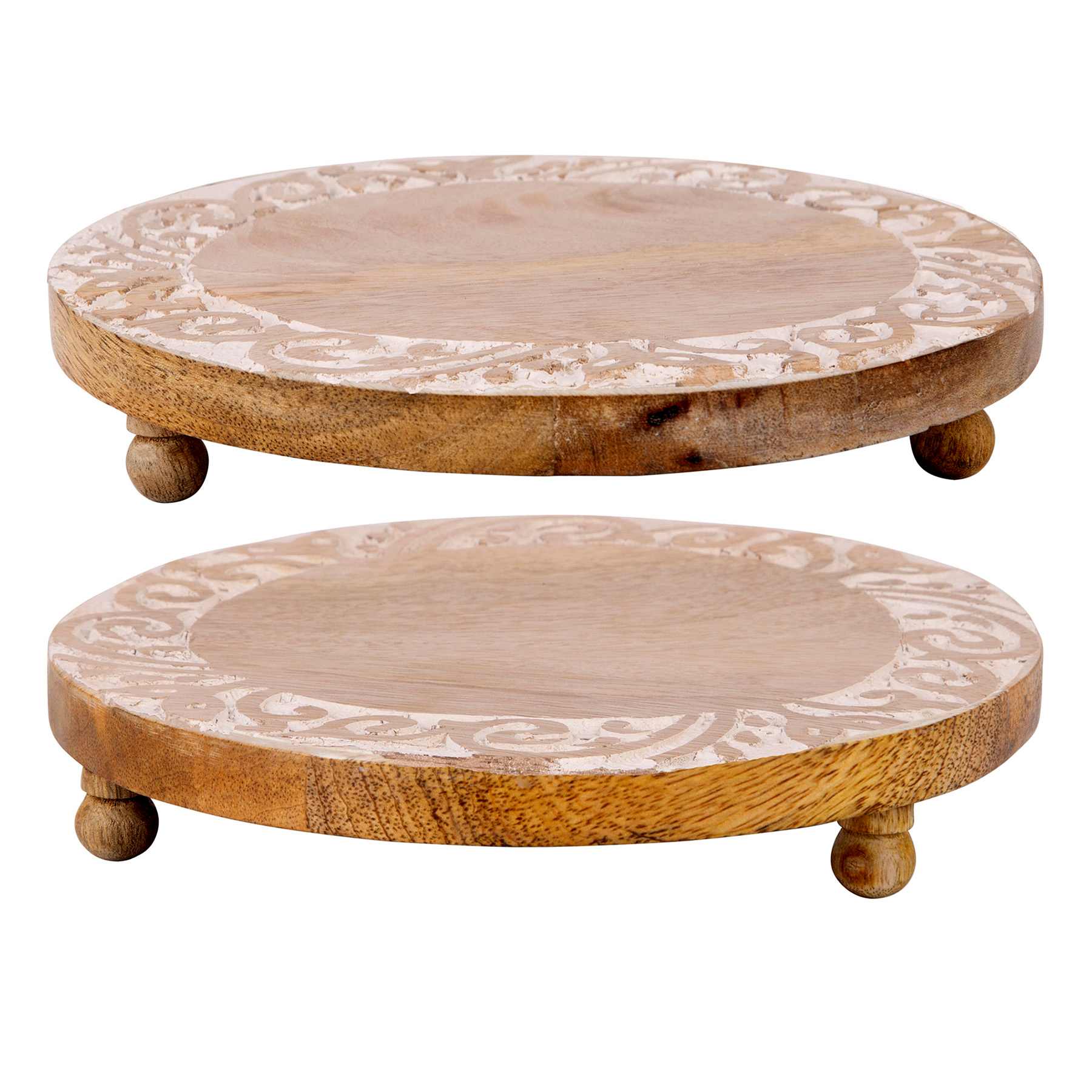 Set of 2 Round Whitewashed Carved Wood Trivet