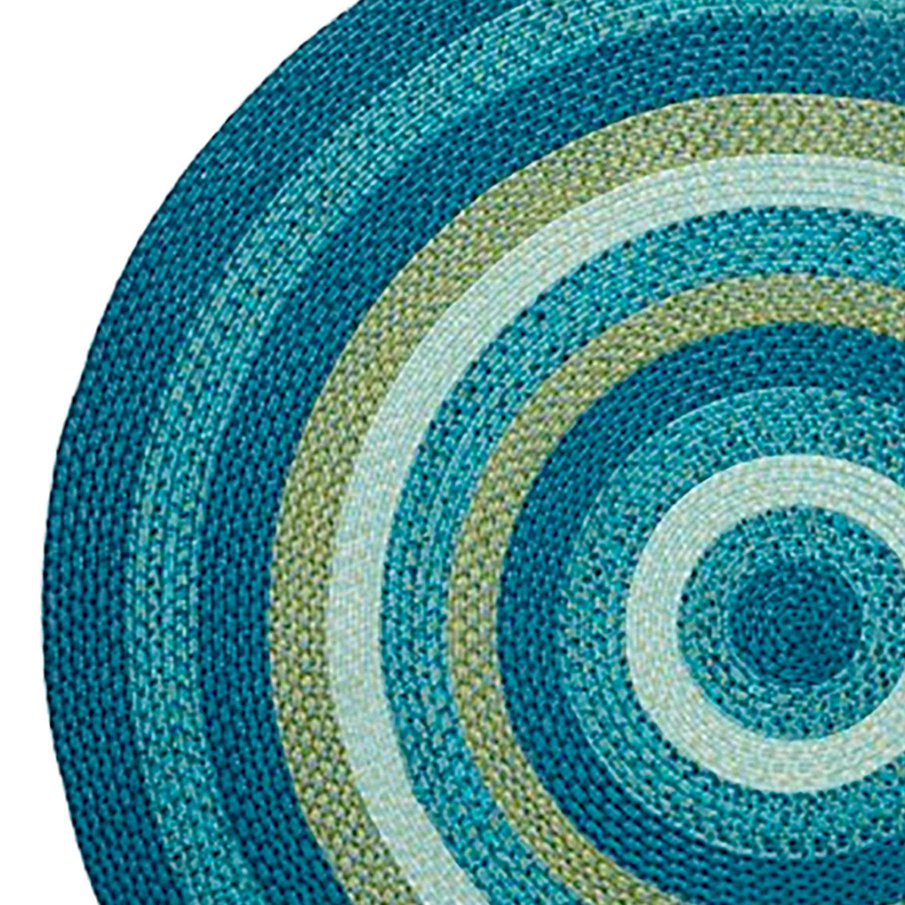 (E133) Blue & Green Braided Round Rug, 6'