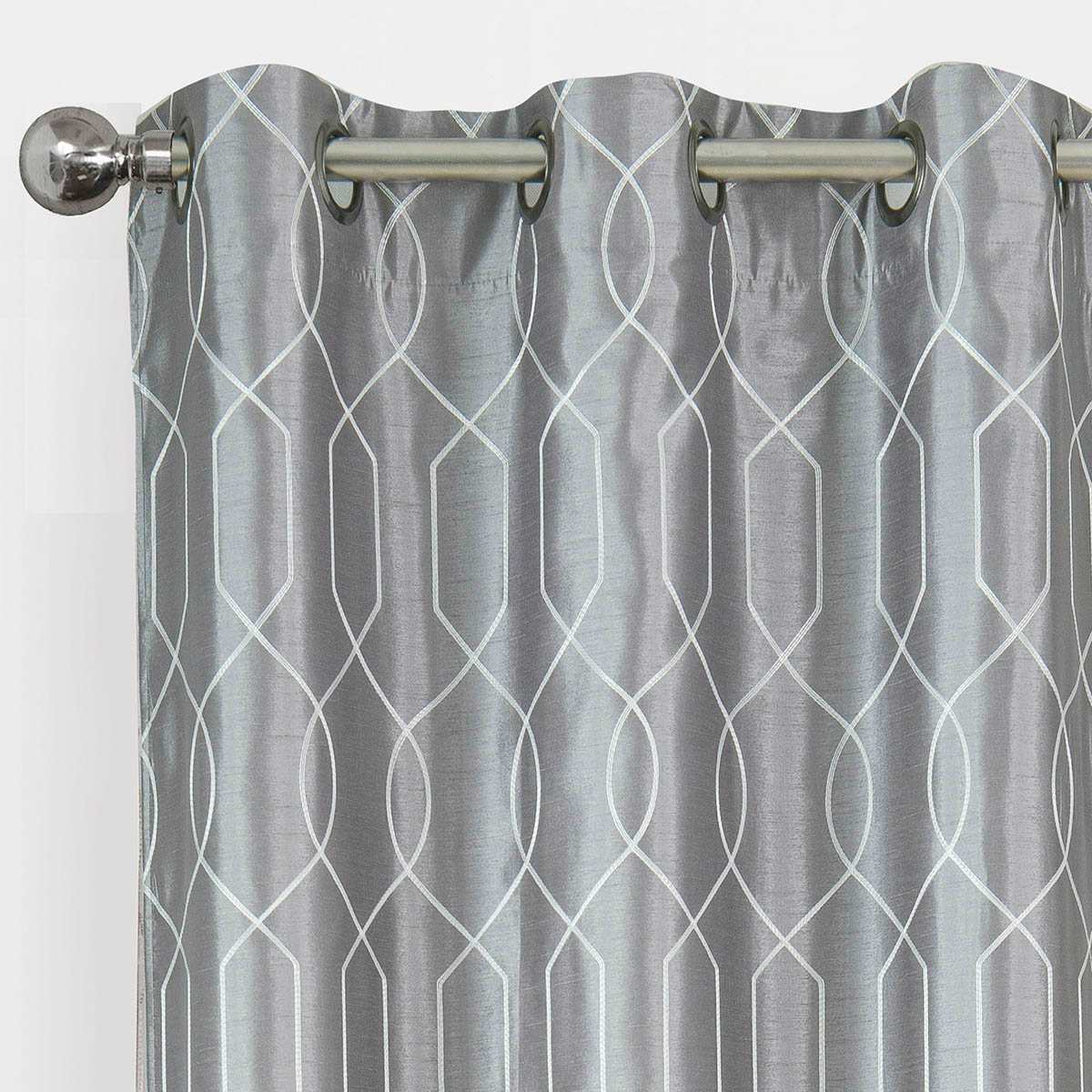White & Grey Faux Silk Embroidered Blackout Grommet Curtain Panel, 84"