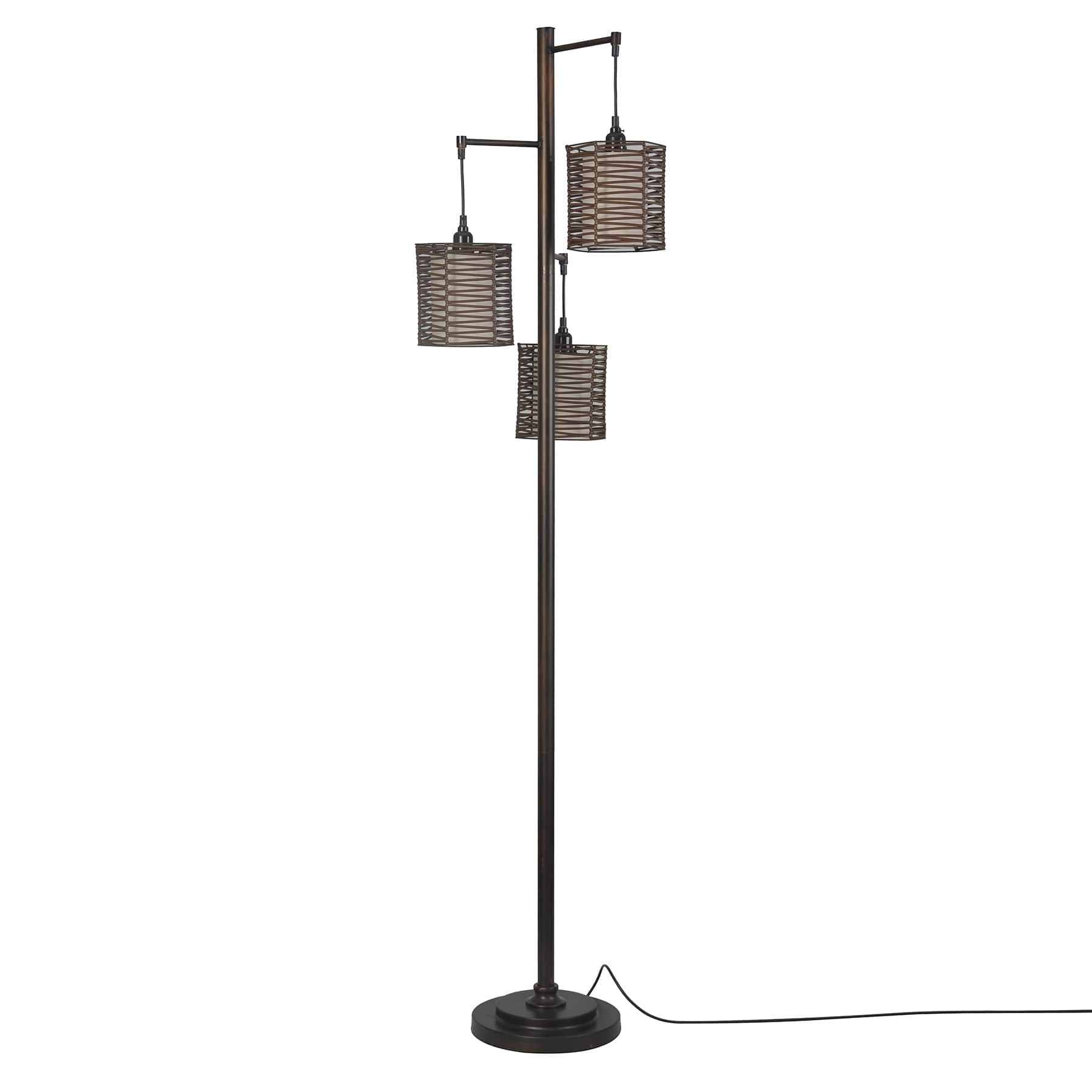 Bronze 3-Light Floor Lamp with Rattan Shades, 71"