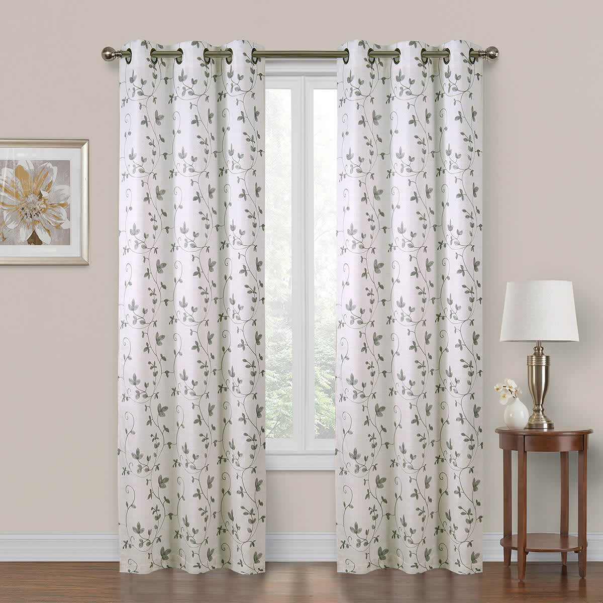 Chatham Grey Embroidered Sheer Grommet Curtain Panel, 84"