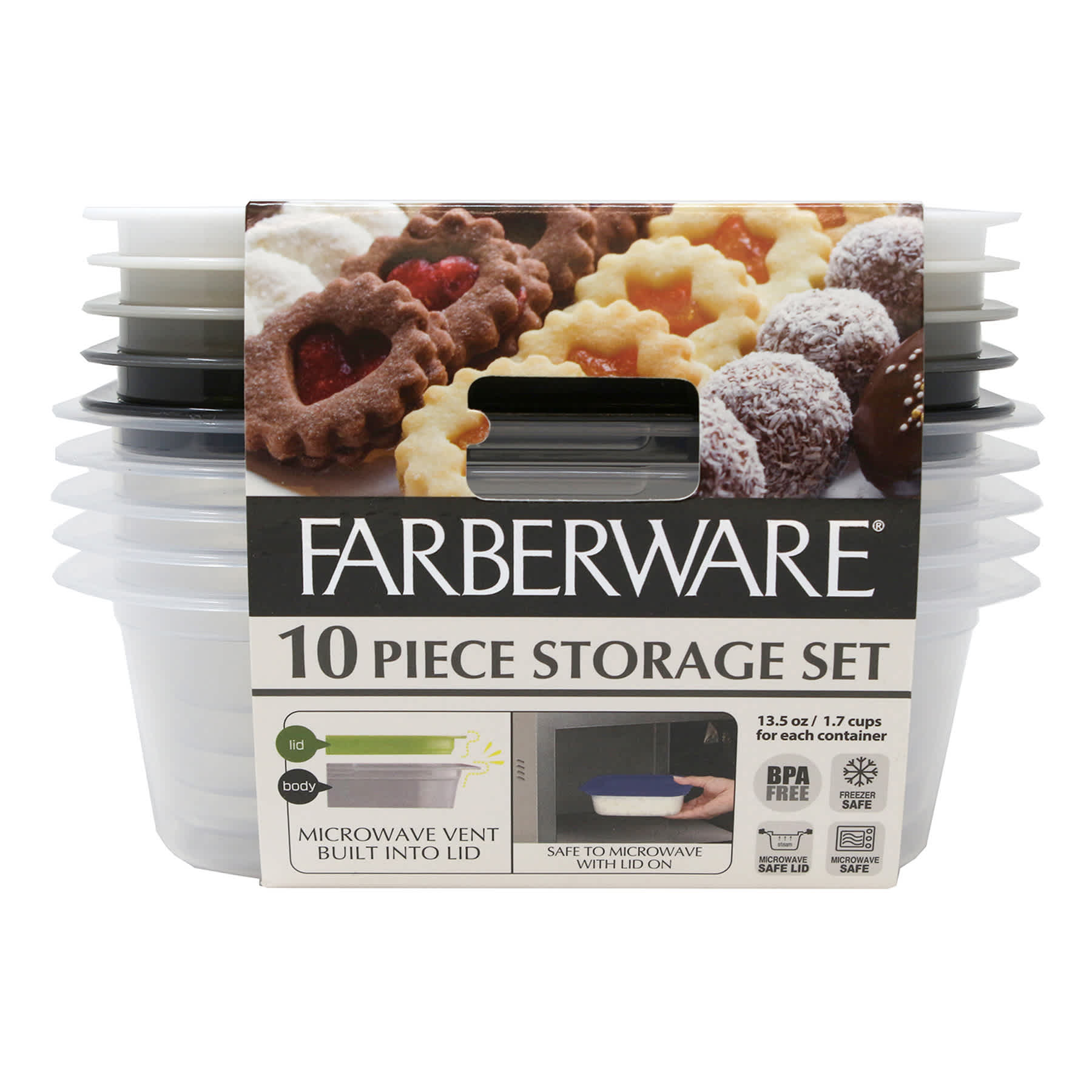 Farberware 10-Piece Black & Grey Storage Container Set, 13.5oz