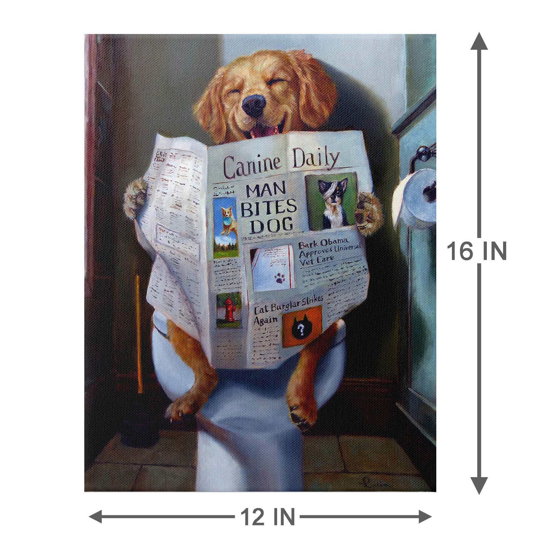 Dog with Newspaper In Bathroom Canvas Wall Art, 12x16