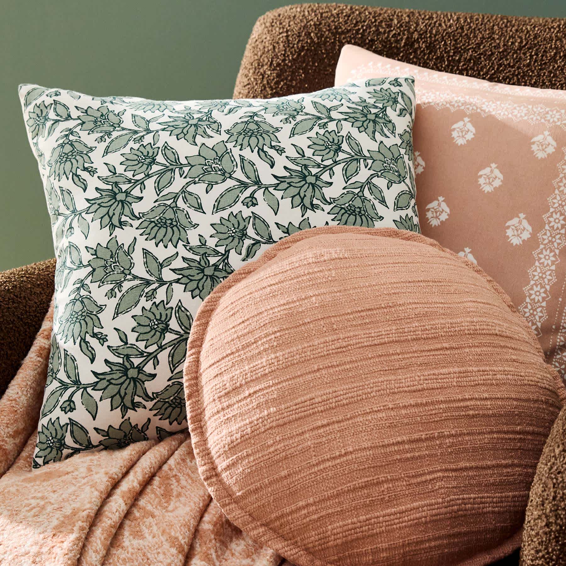Honeybloom Green Floral Print Throw Pillow, 18"
