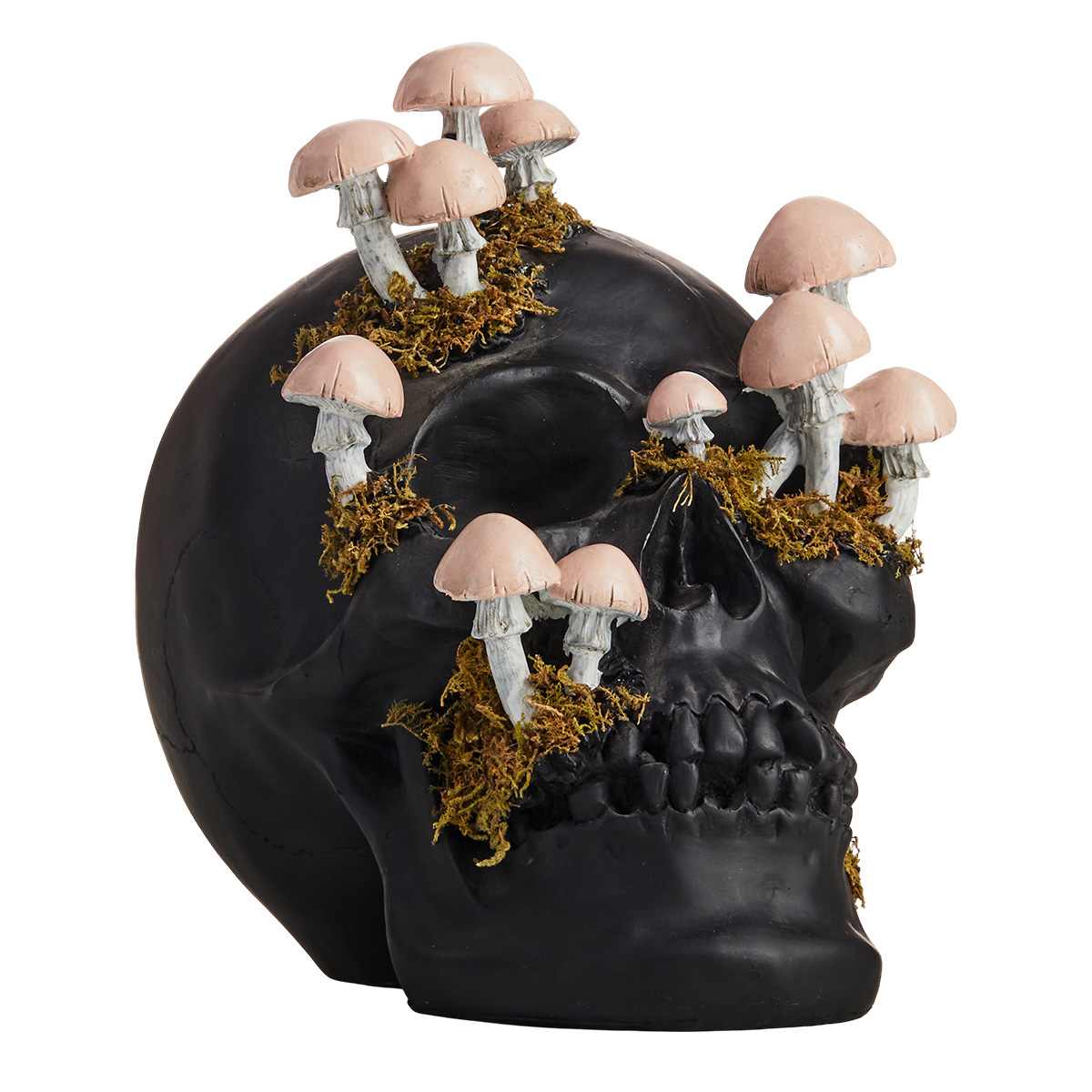 Grim Gardens Black Halloween Skull with Mushrooms, 9.5"