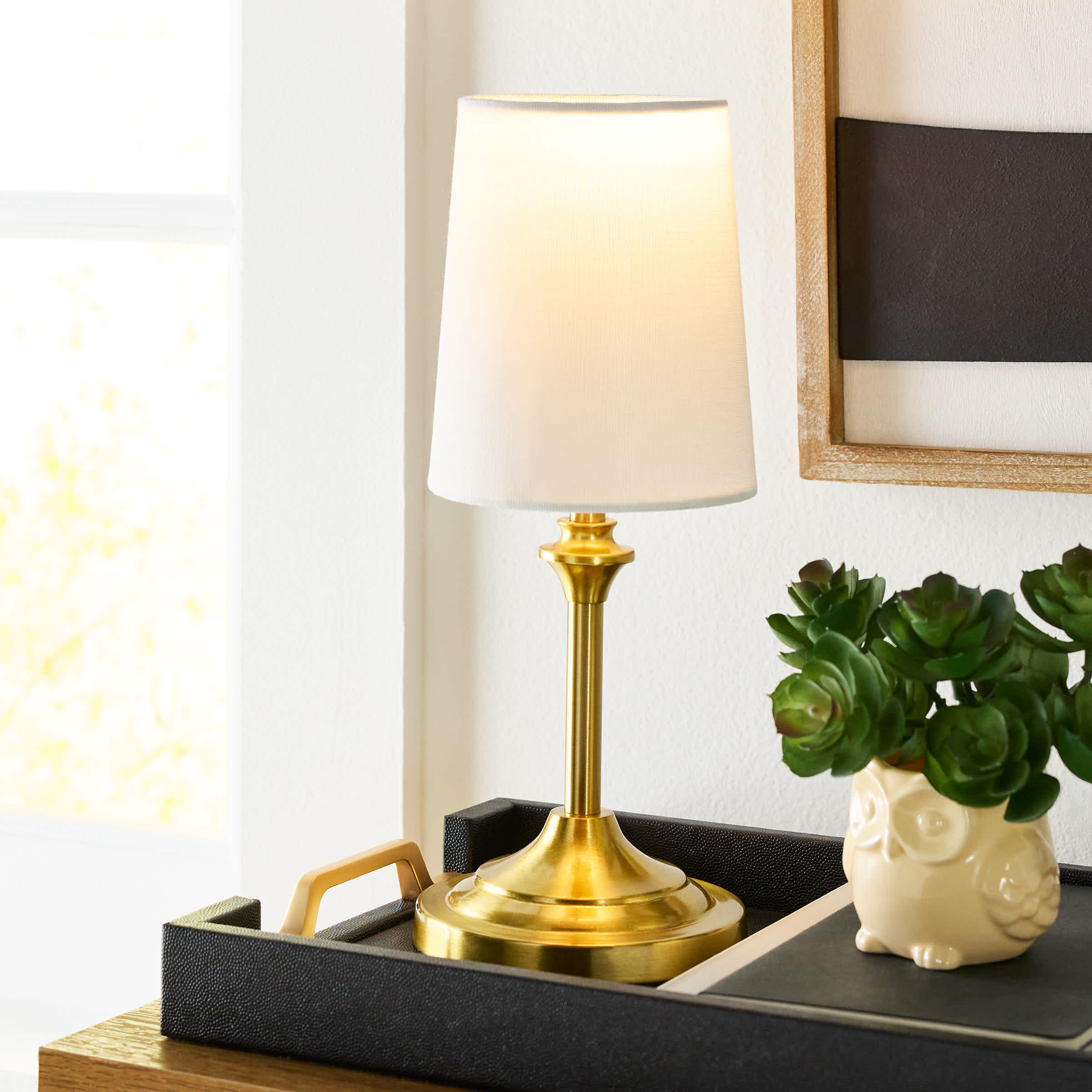 Gold Metal Stick Mini Table Lamp with Shade, 13"