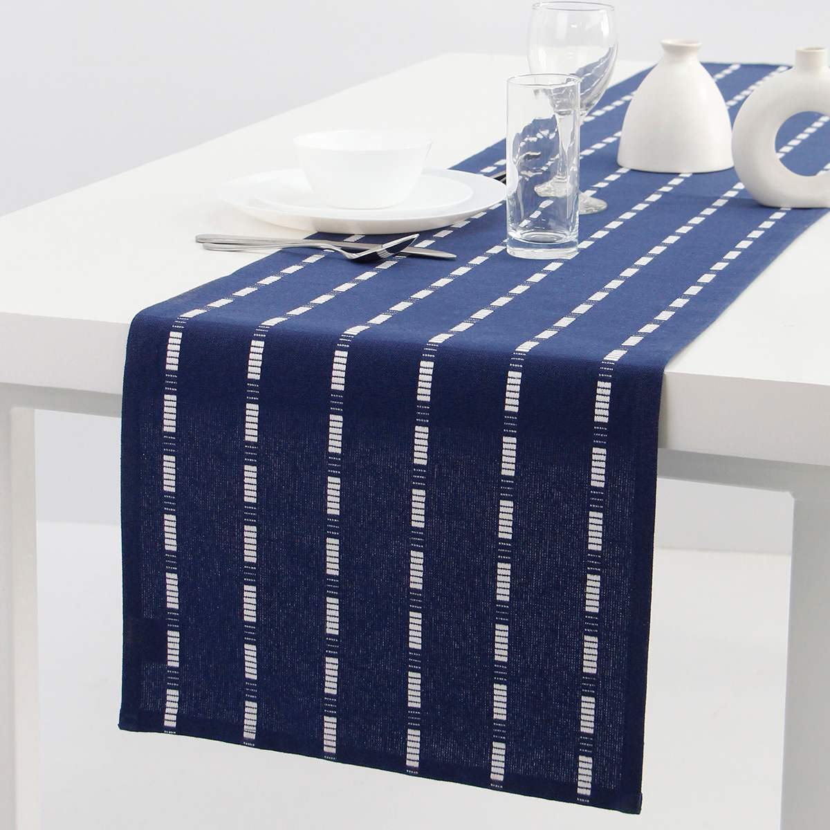 Navy Blue Dobby Table Runner with White Tick Stripes, 14x72