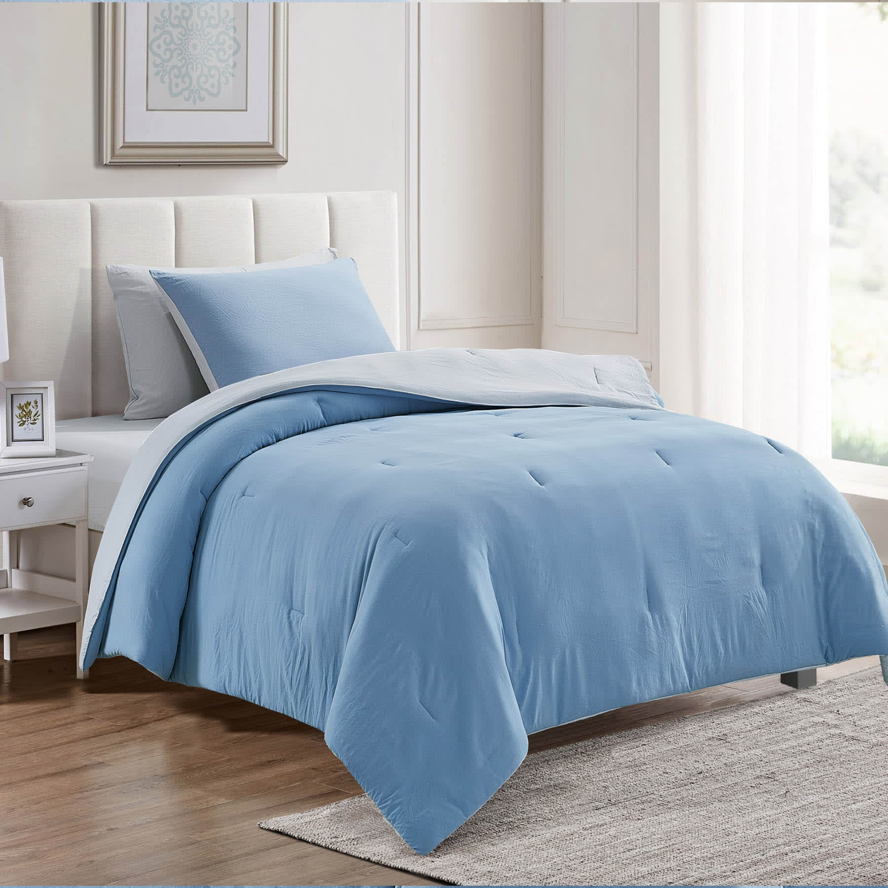 Blue & Grey Reversible Microfiber Comforter & Sheet Set, Twin/Twin XL