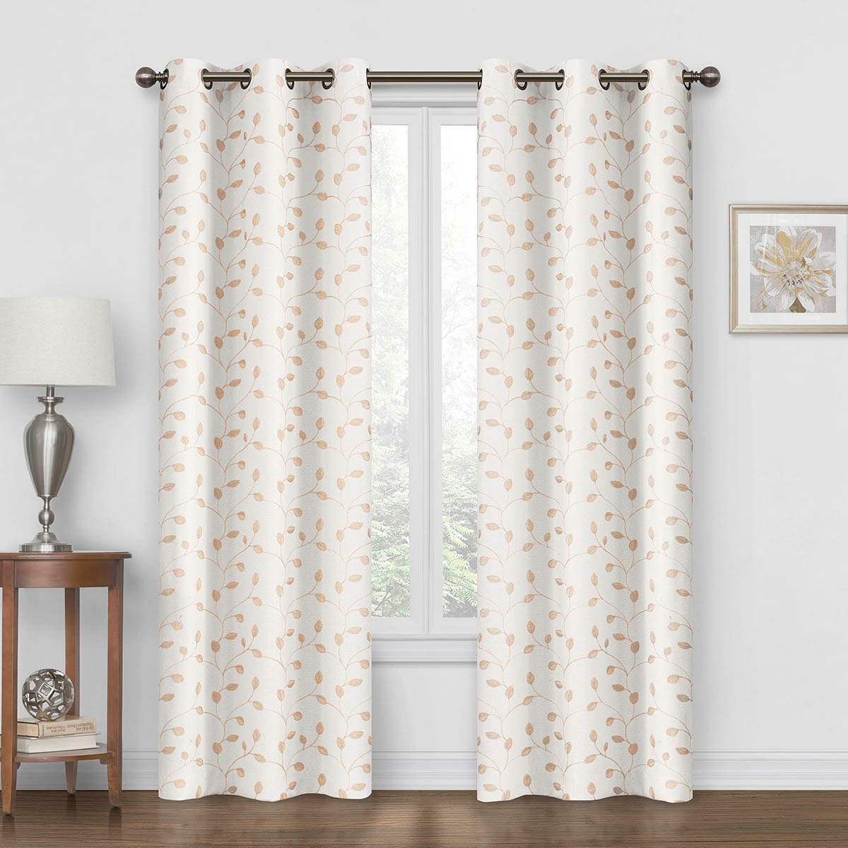 Light Tan Embroidered Blackout Grommet Curtain Panel, 84"