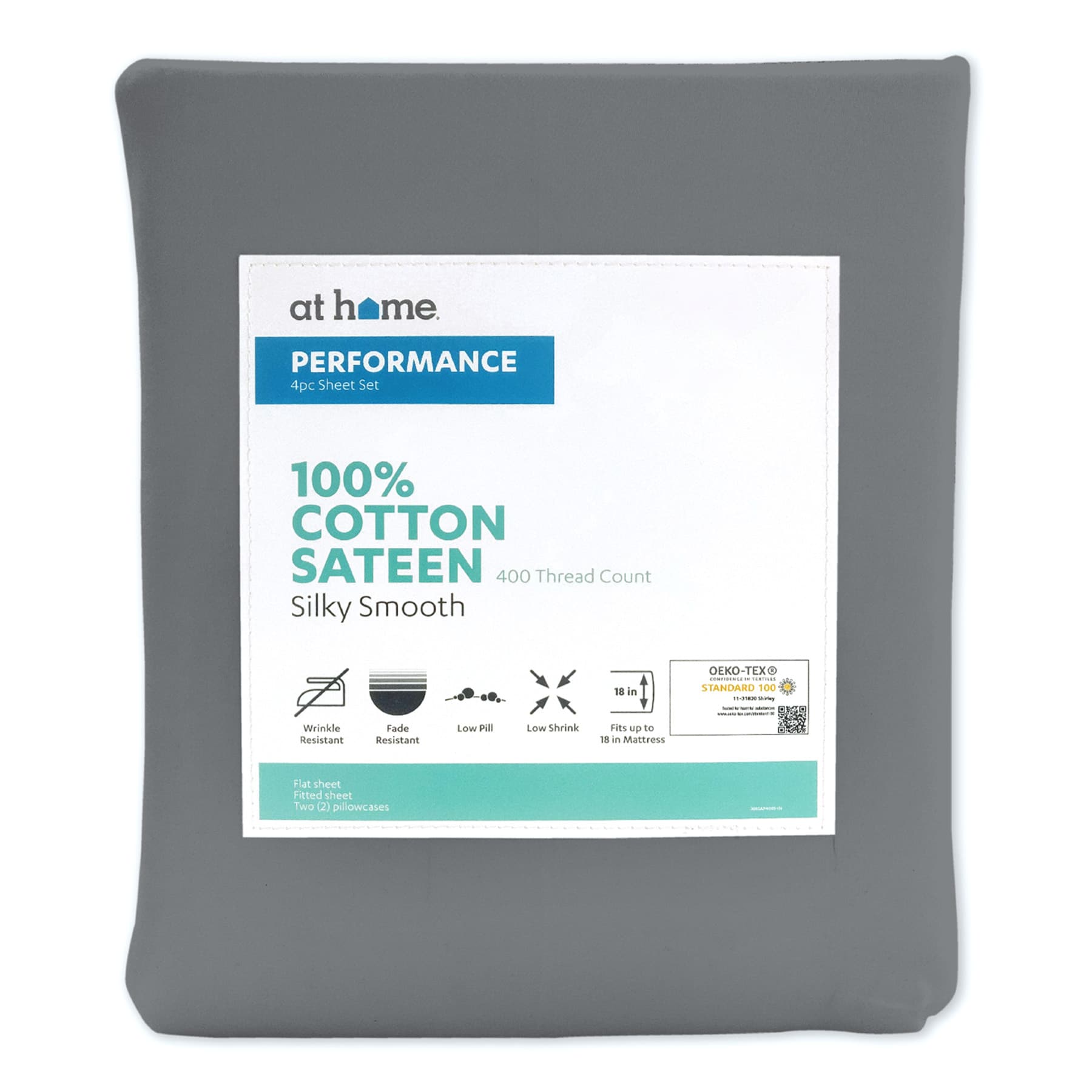 4-Piece Grey 400 Thread Count Cotton Performance Sheet Set, King