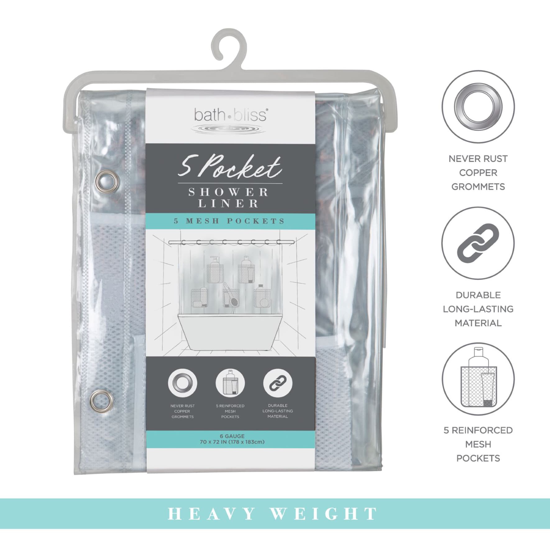 Clear 5-Mesh Pocket Heavyweight Shower Liner, 70x72
