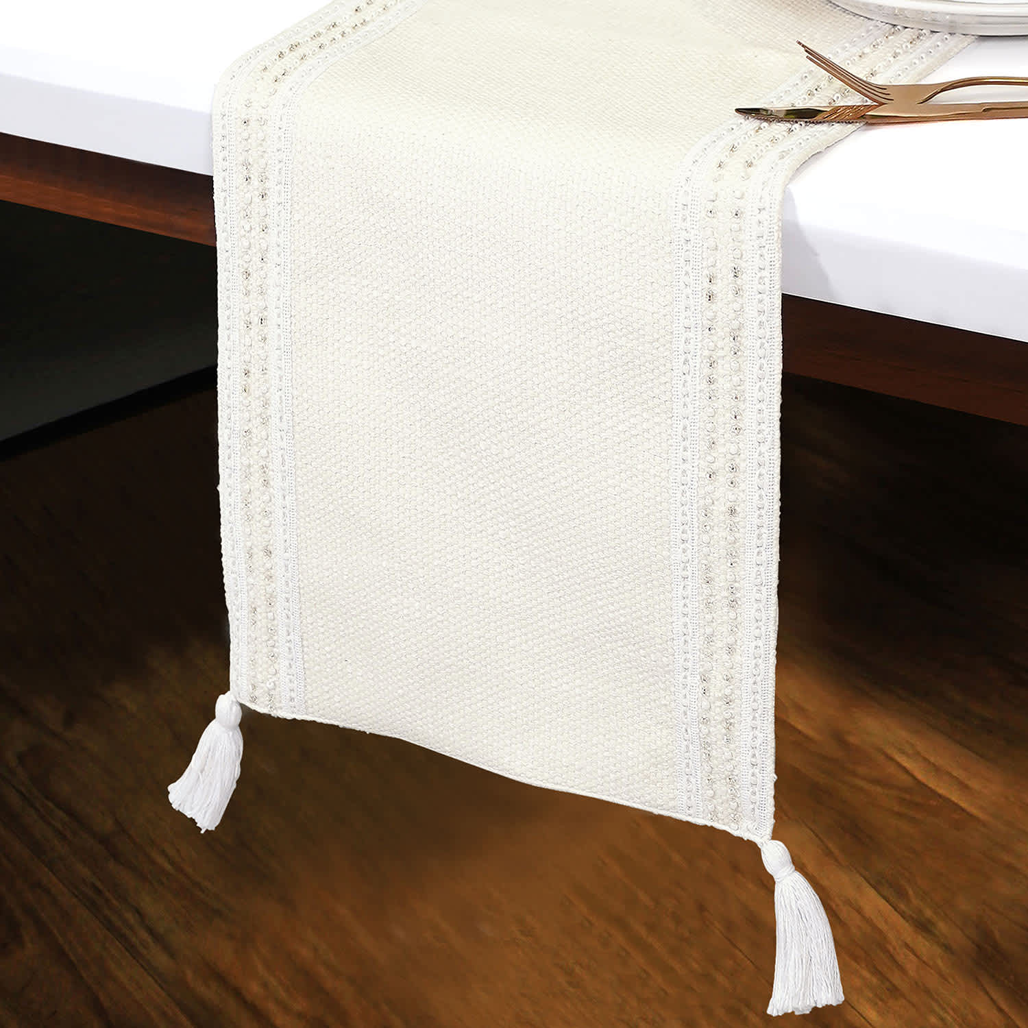 Ivory Semi-Beaded Table Runner with White Tassels, 72x13