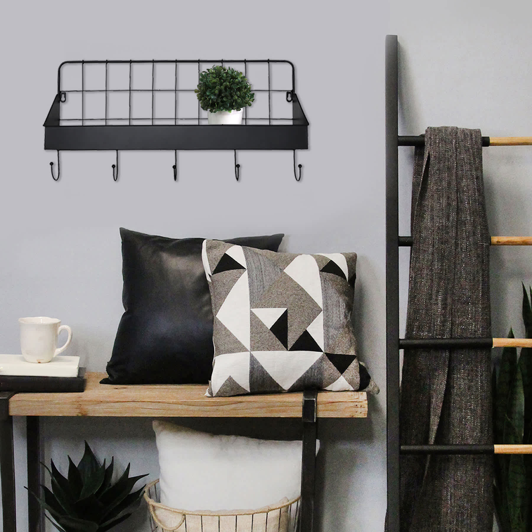 Black Metal Wall Shelf eith Hooks, 24X12