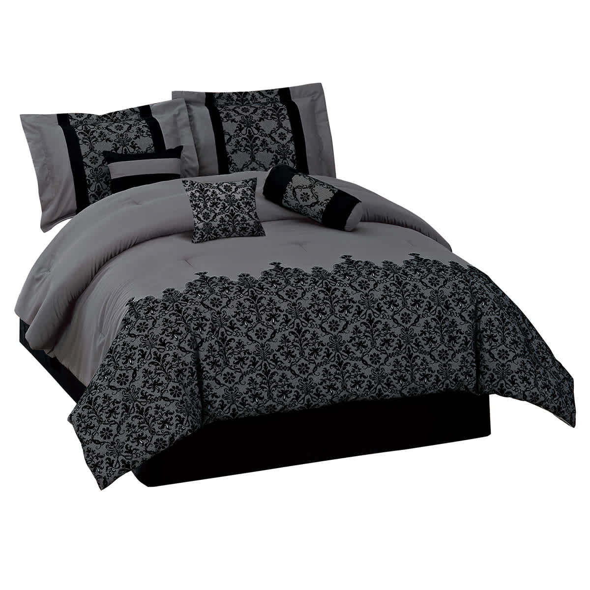 7-Piece Grey Deluxe Flocked Lace Premium Comforter Set, Queen