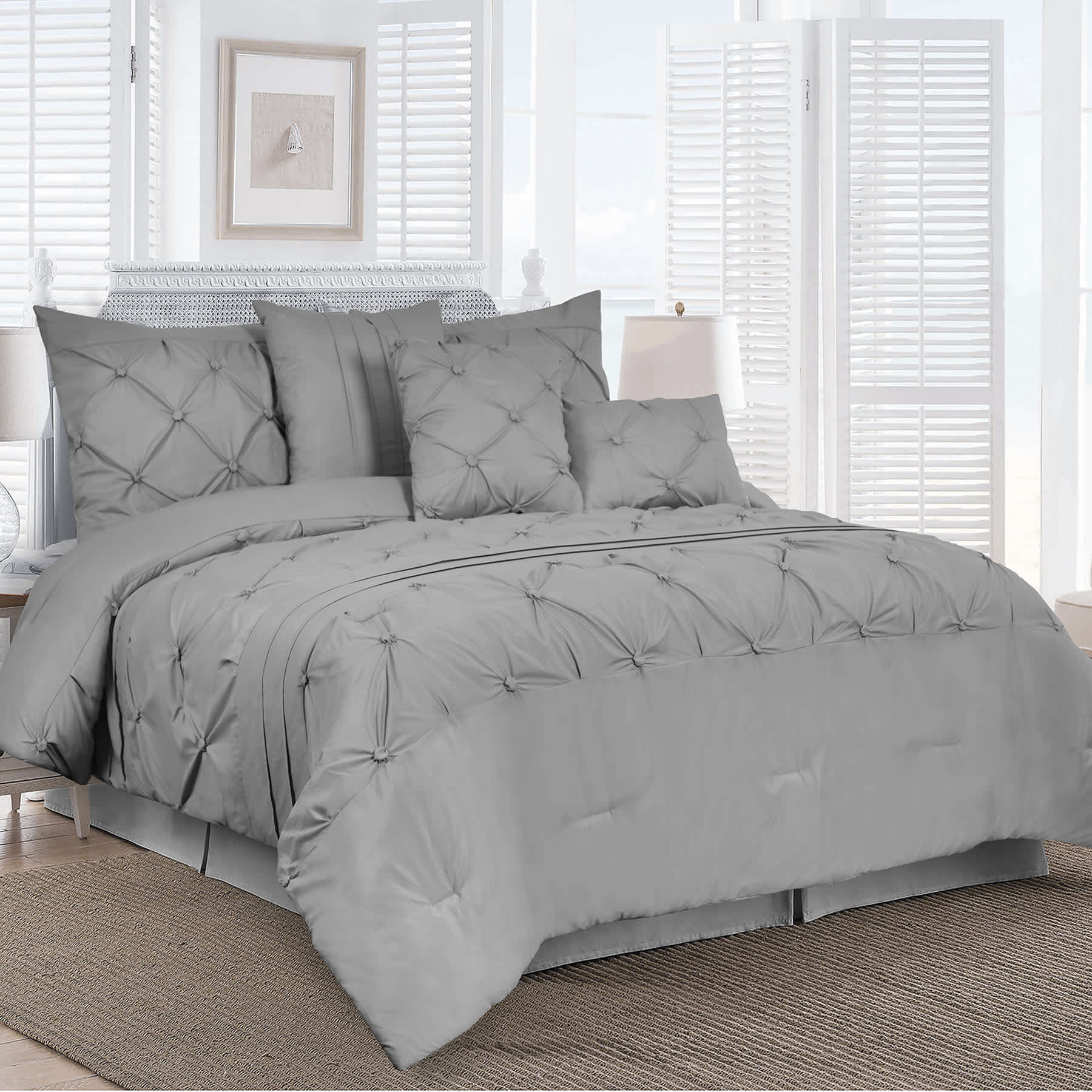 7-Piece Grey Embroidered Pleated Comforter Set, Queen