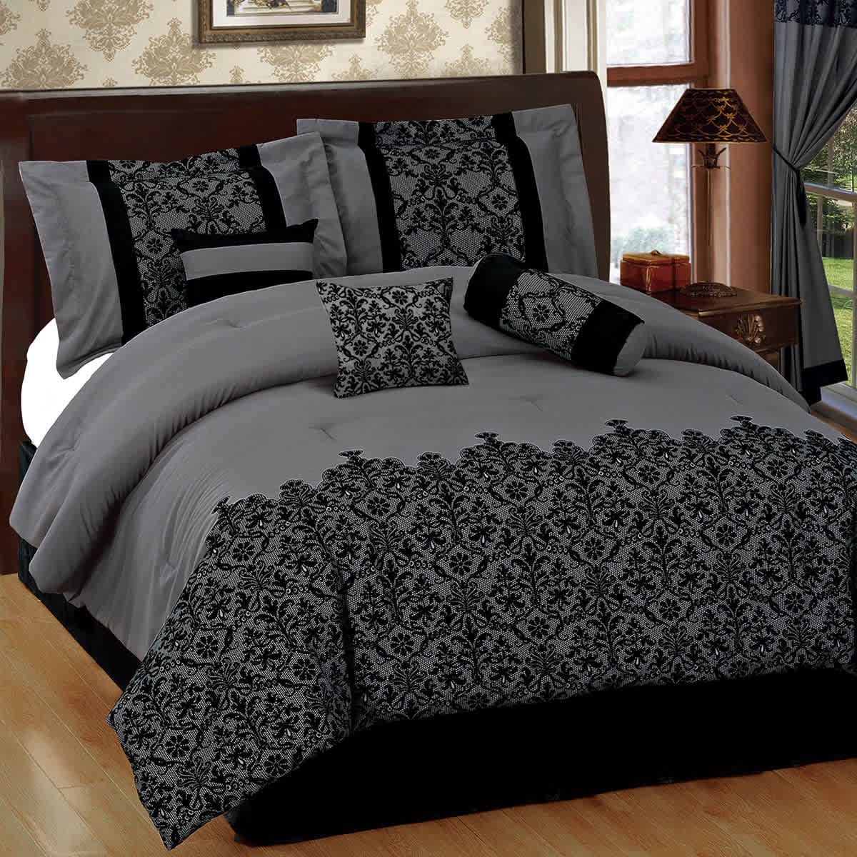 7-Piece Grey Deluxe Flocked Lace Premium Comforter Set, King
