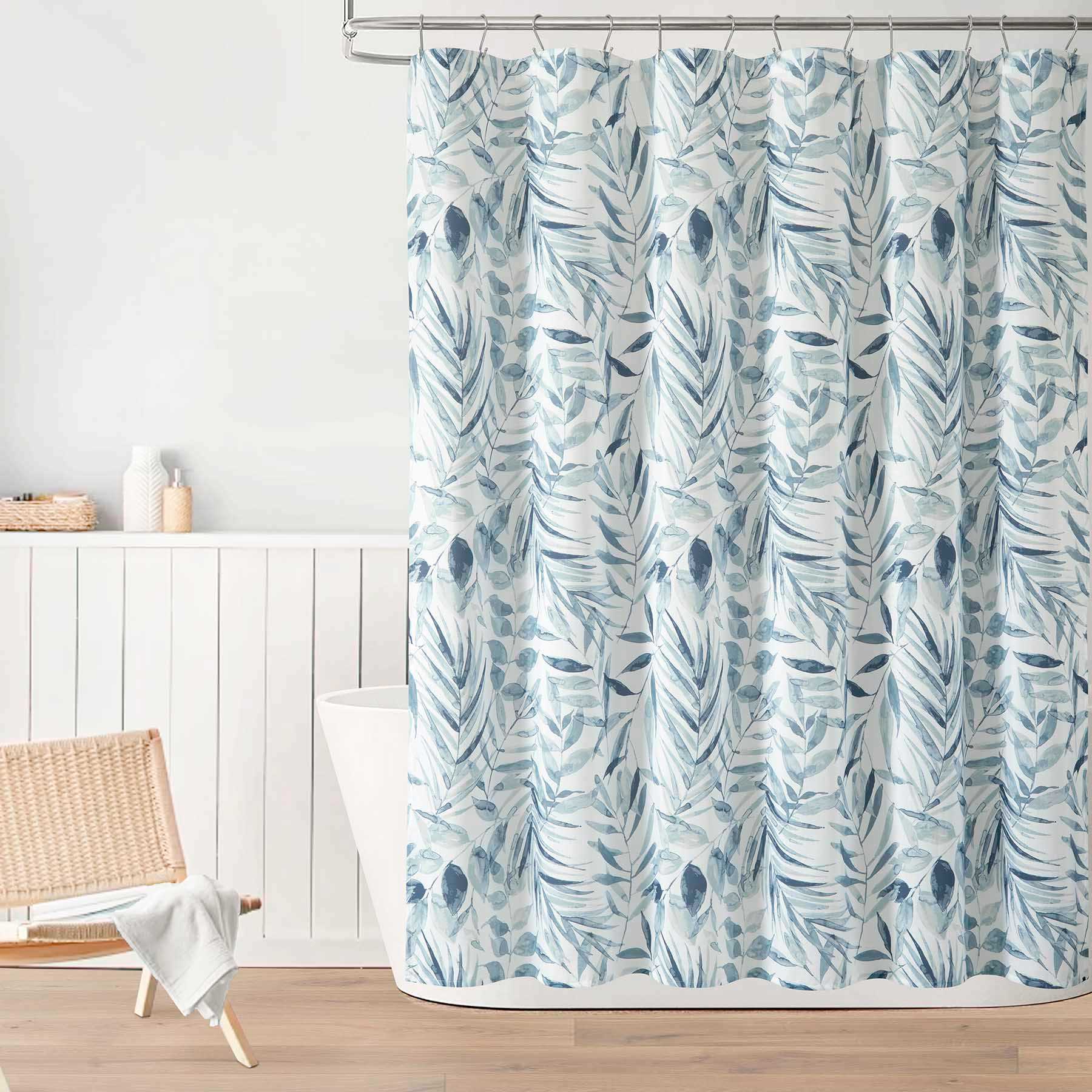 13-Piece Blue Palmyra Leaf Shower Curtain Set, 72"