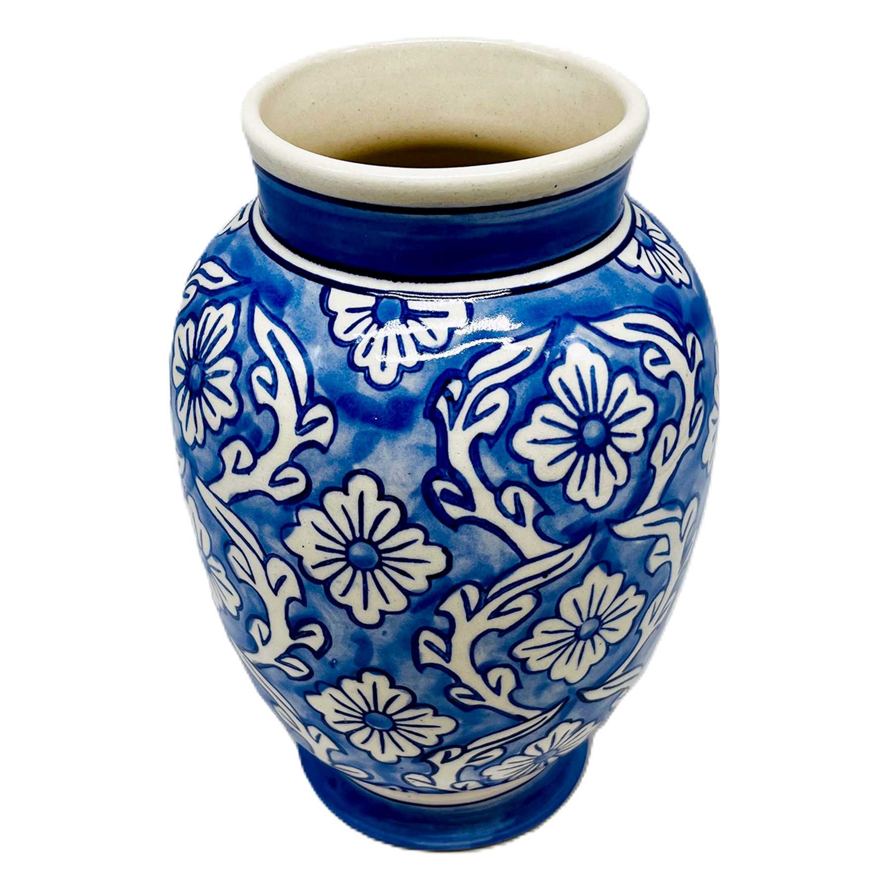9'' Blue Floral Handpaint Floral Ceramic Vase