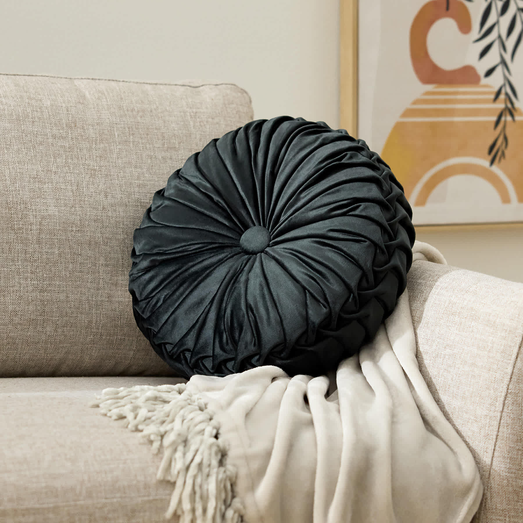 Holan Black Pleated Velvet Round Throw Pillow, 16"