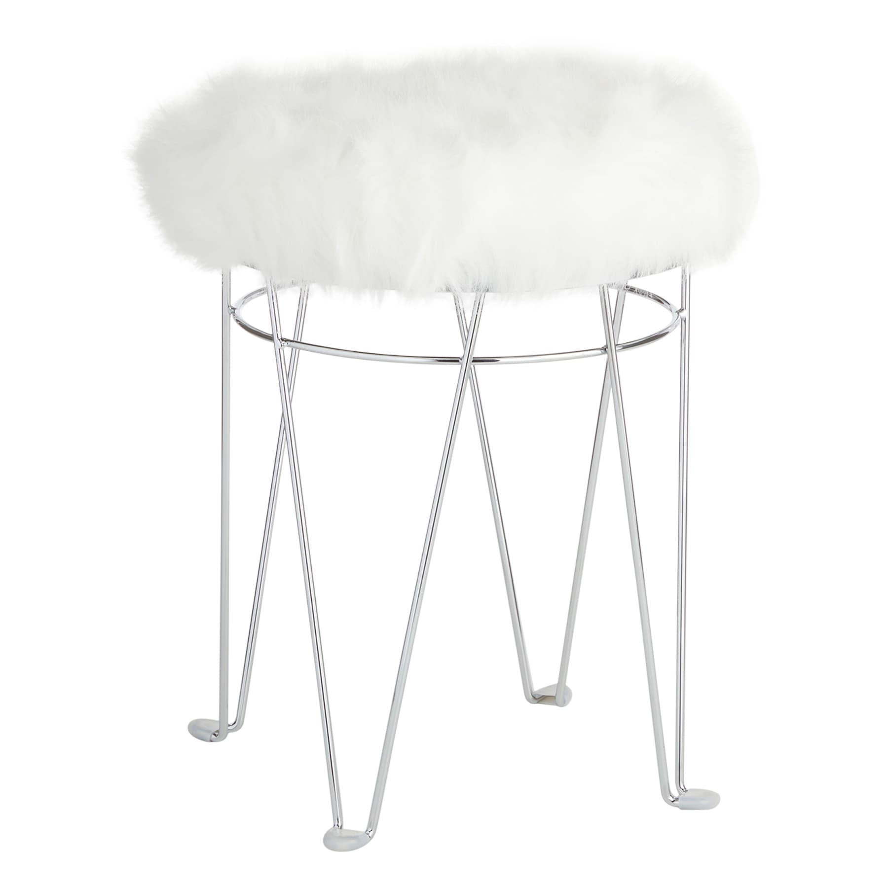 Rion Chrome Wire Vanity Stool & Padded White Faux Fur Seat