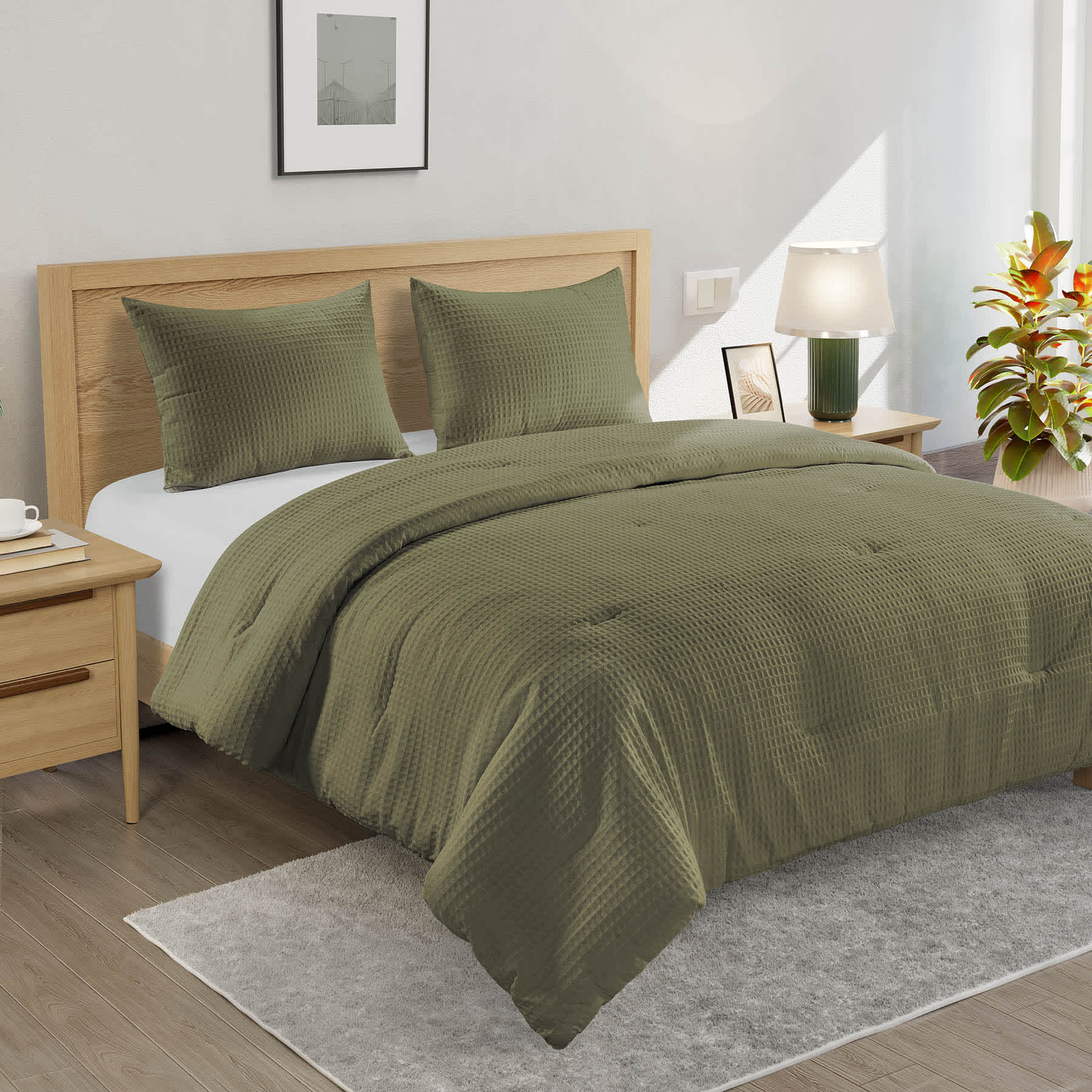 Crosby St. 2-Piece Olive Green Washed Cotton Waffle Comforter Set, Twin/Twin XL