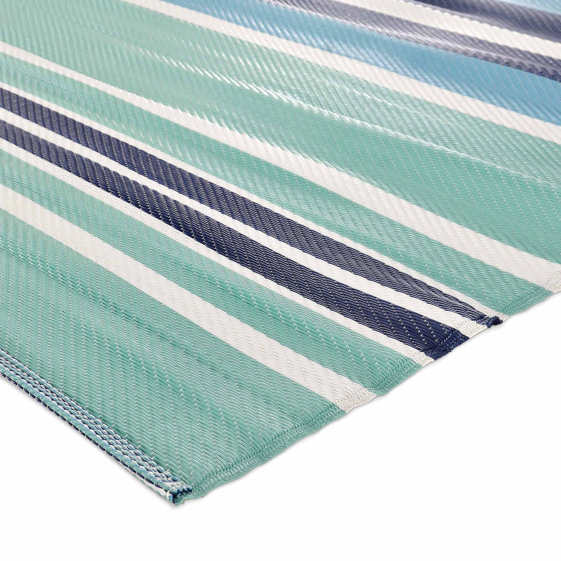 Light Blue Striped Plastic Outdoor Rug, 5x7