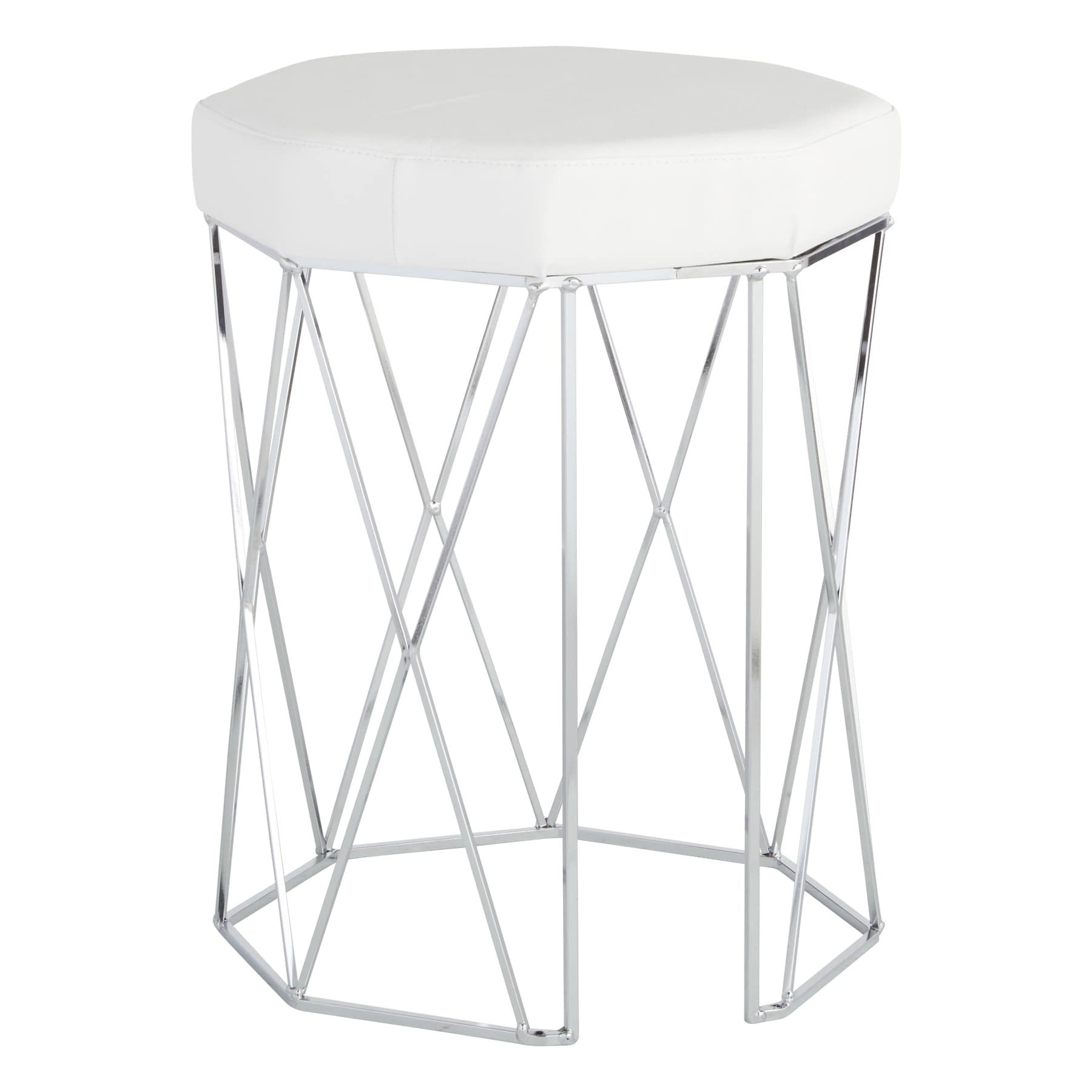 Prisma Chrome Wire Vanity Stool & Padded White Faux Leather Seat