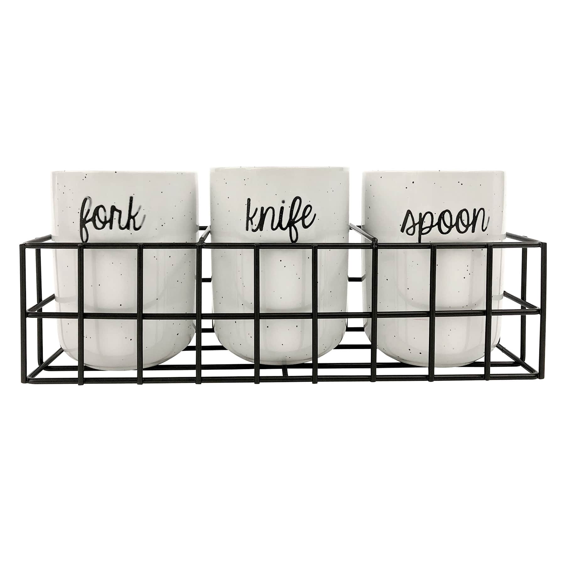 4-Piece Flatware Caddy Set White Cylinder Holder Black Metal Rack