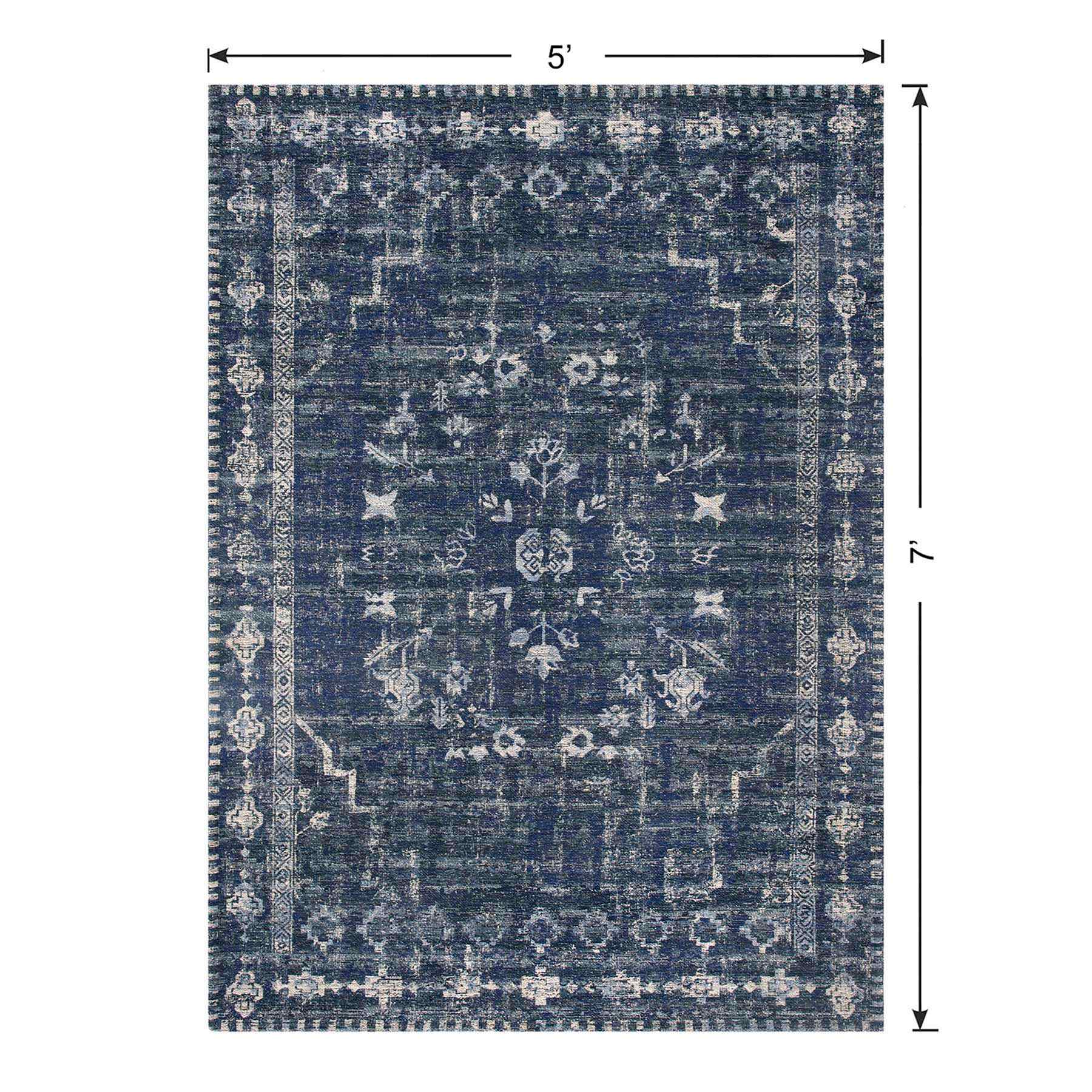 (B823) Teagan Navy Blue Floral Flatweave Area Rug, 5x7