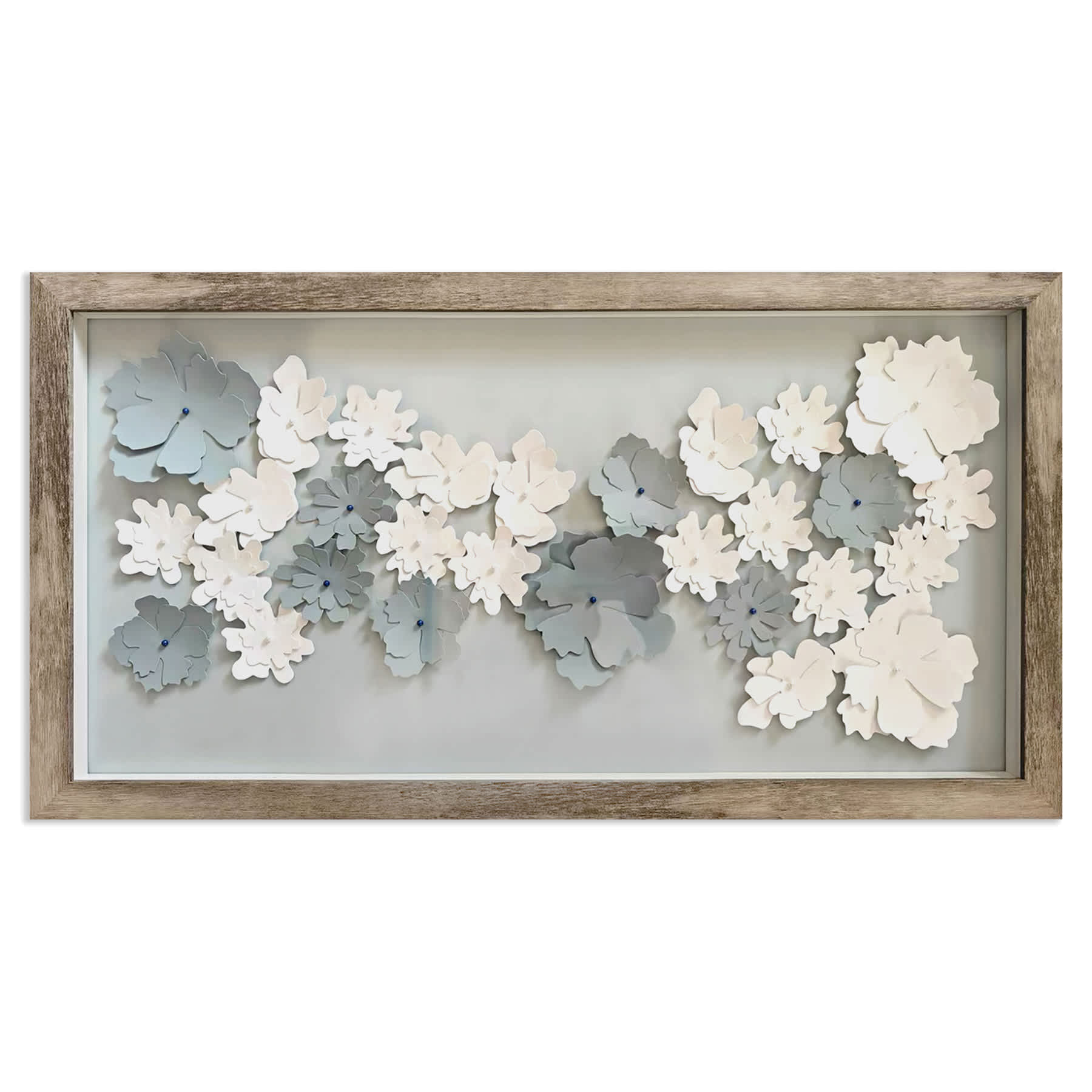 Glass Framed Blue And White Paper Flowers Print Wall Art, 14x26