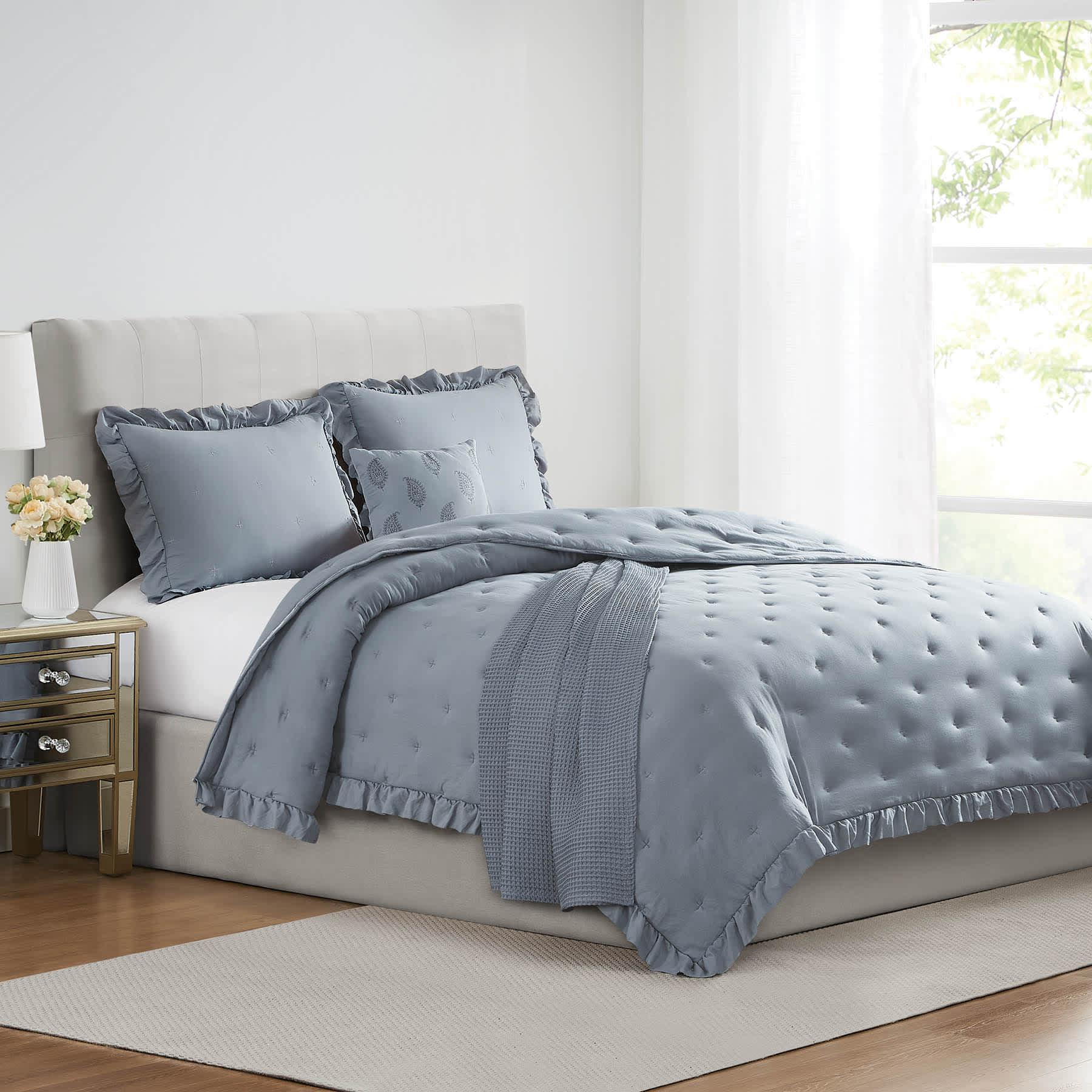 Honeybloom 5-Piece Light Blue Garment Washed Ruffle Comforter Set, King