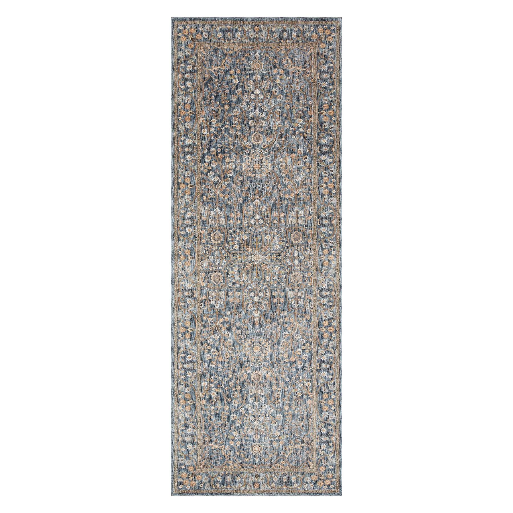 (A495) Honeybloom Ballard Blue Floral Medallion Runner, 2x8