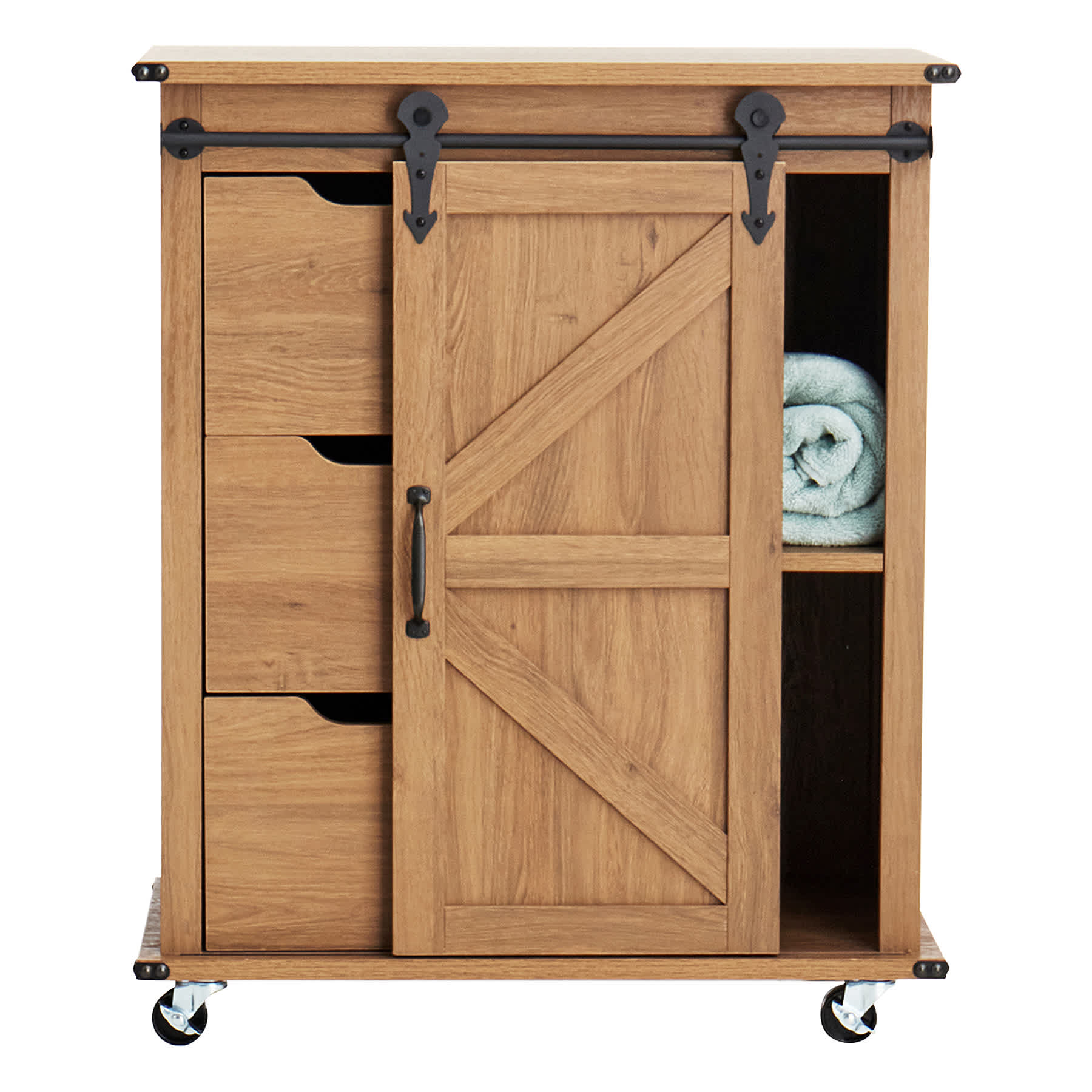 Honeybloom Jacob 3-Drawer Wooden Sliding Barn Door Cabinet, Brown