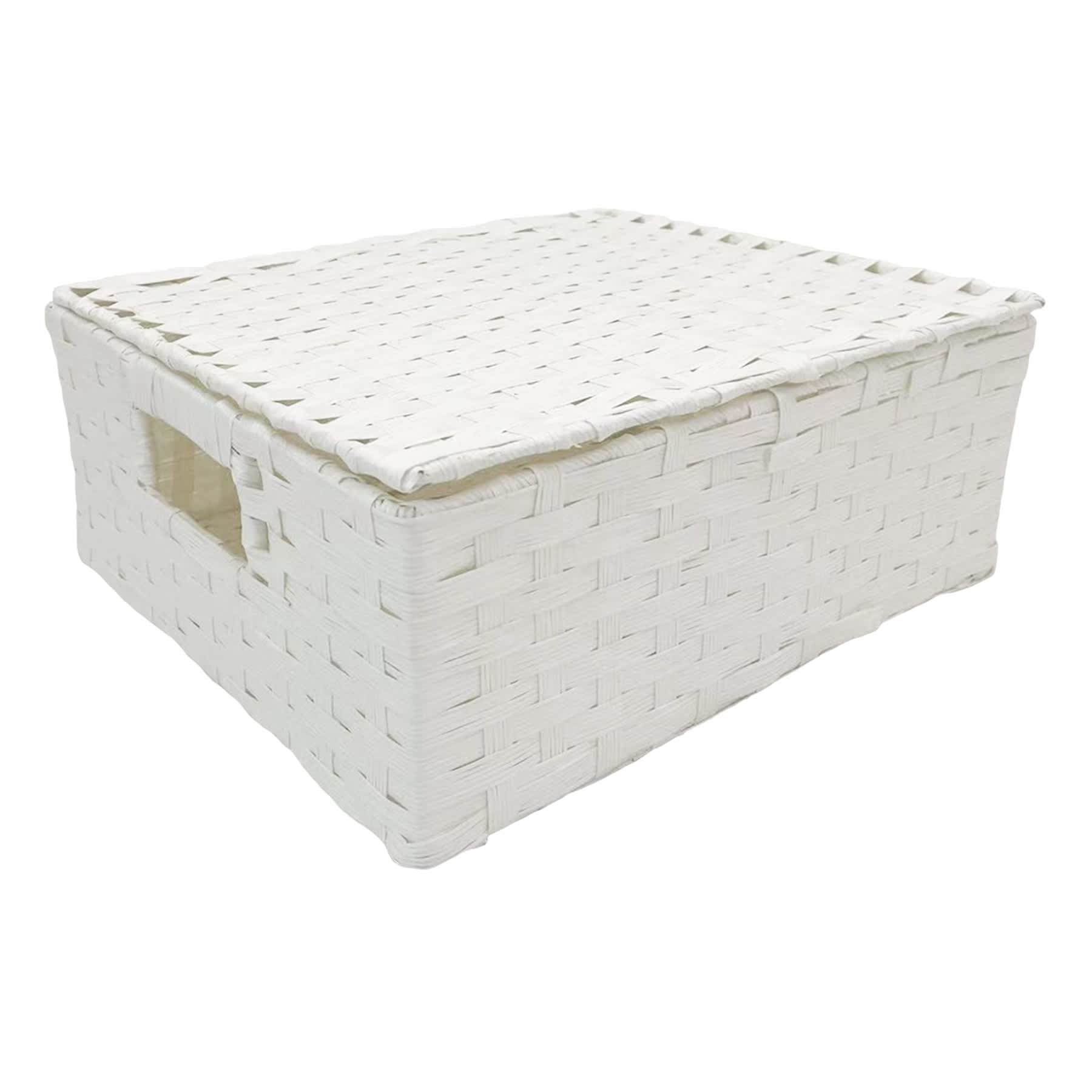 White Paper Rope Rectangle Storage Basket with Lid, Small