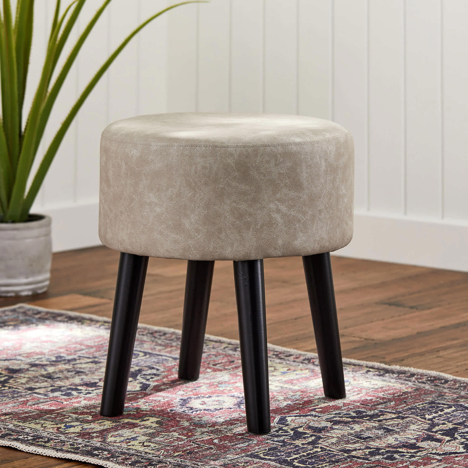 Emmy Stool with Black Wooden Legs, Grey Faux Leather